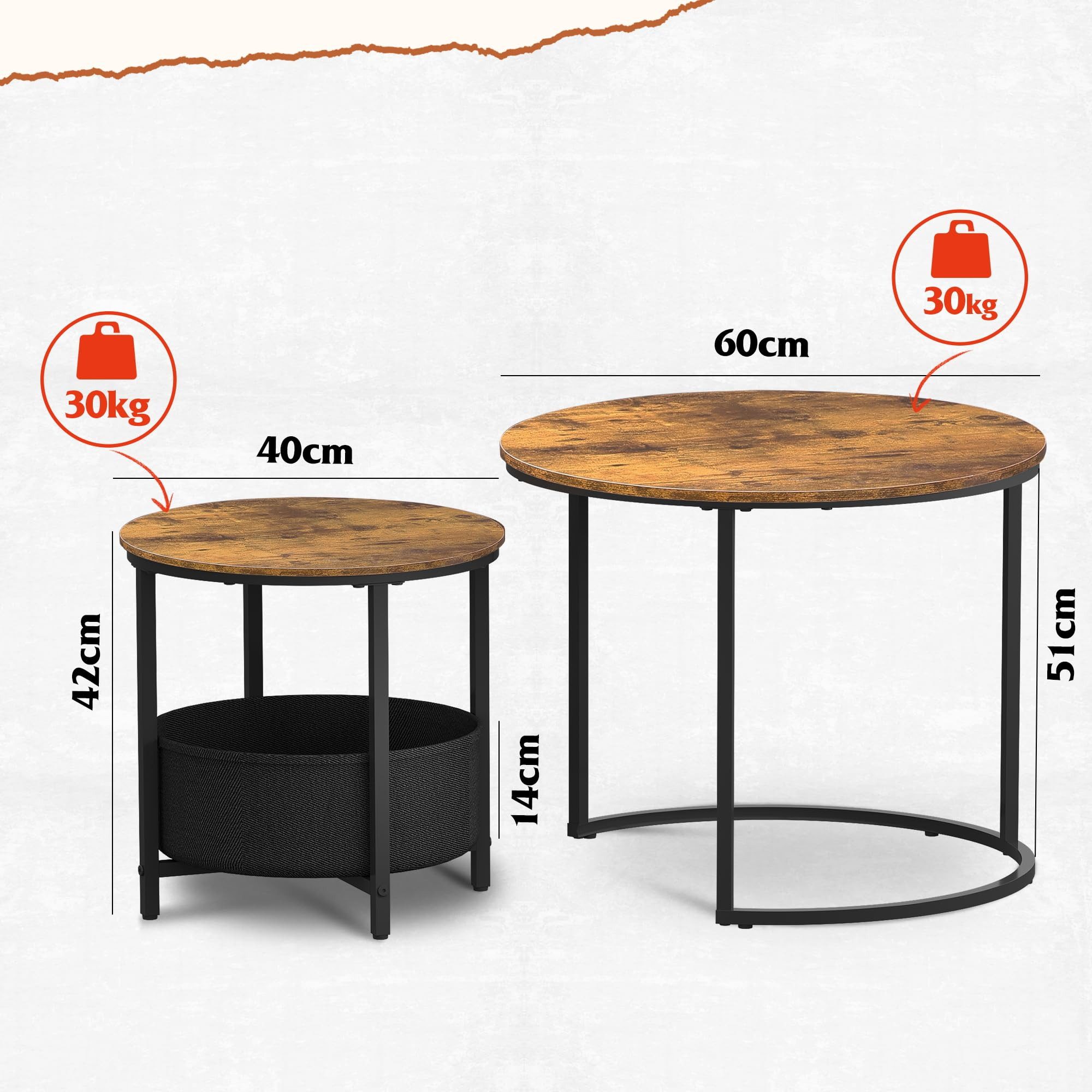 WLIVE Couchtisch Couchtisch 2er‑Satztisch rund mit Stauraum, (Beistelltisch mit Stoffkorb & Metallgestell, Holzoptik, 2er Set), 2 in 1 Verschachtelung