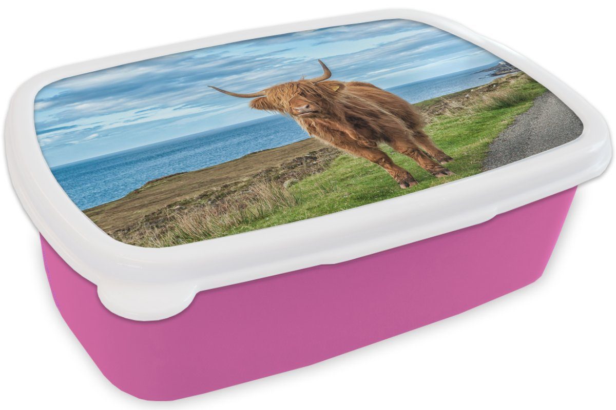 Highlander Lunchbox Wasser Erwachsene, Kinder, rosa - - MuchoWow Kunststoff, Kunststoff für Hörner, Brotbox Snackbox, (2-tlg), Brotdose Schottischer Mädchen,