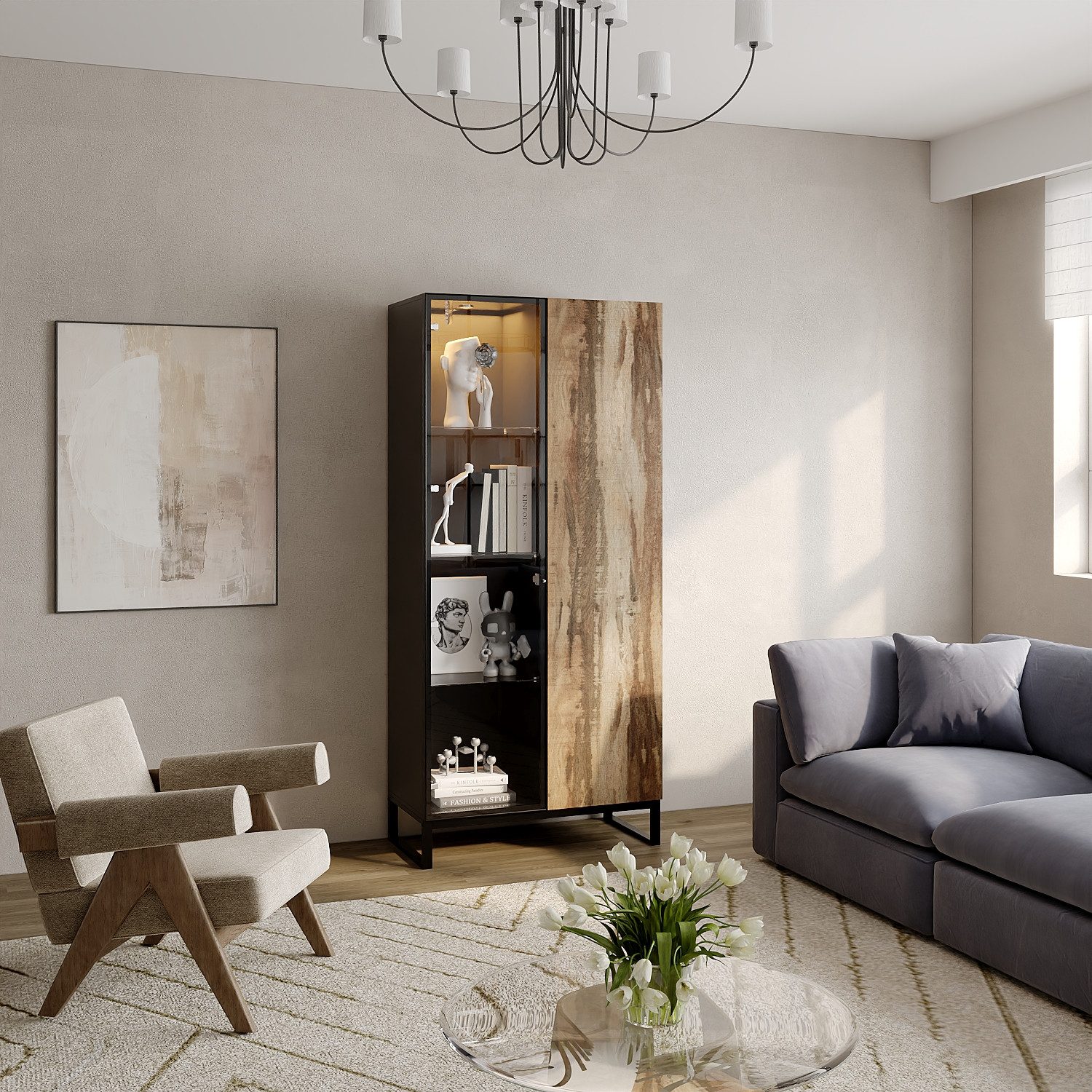 FUFU&GAGA Glasvitrine Vitrine mit Rundstrahler, Schwarz & Holzoptik, MDF+Gl günstig online kaufen