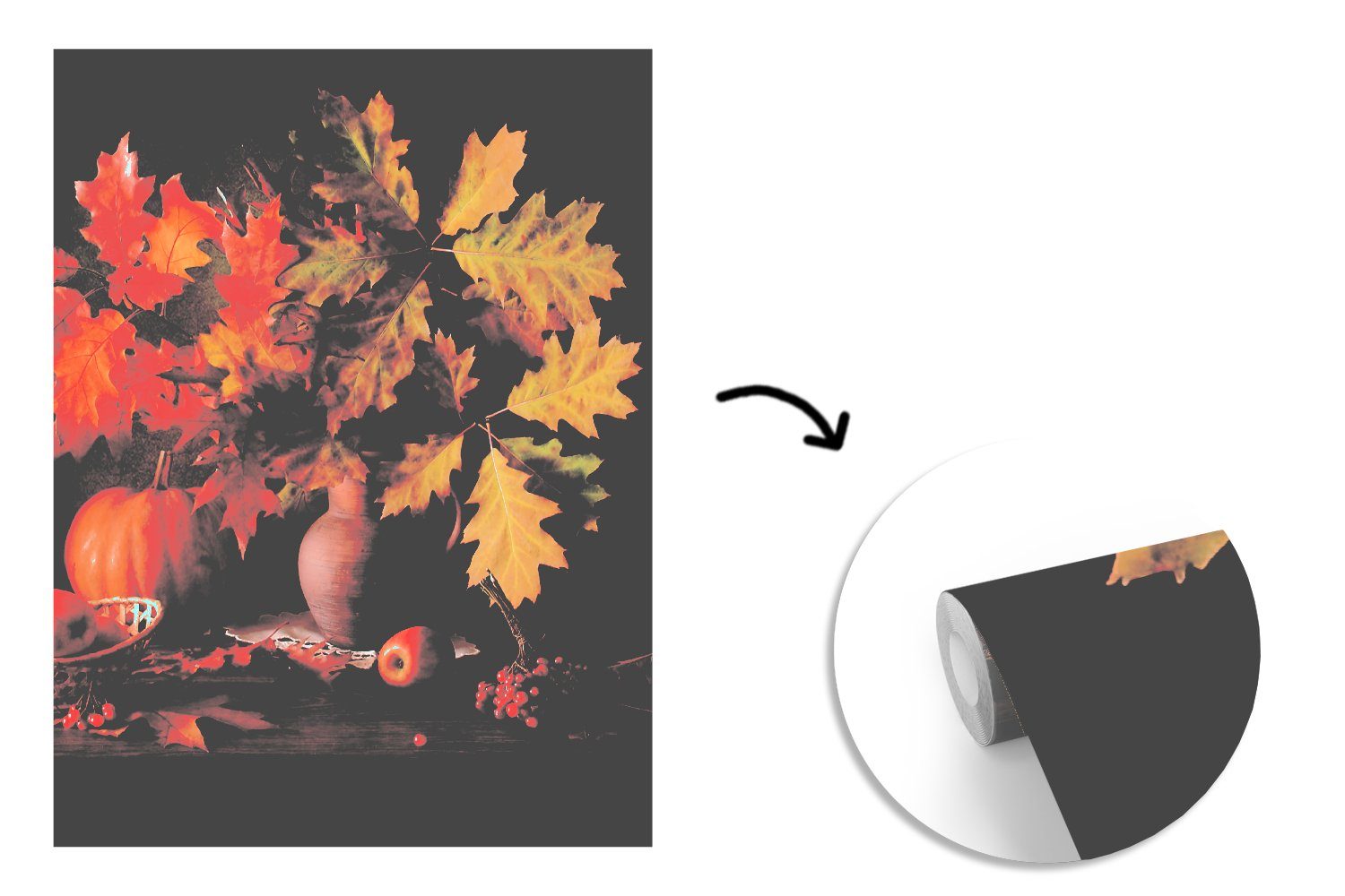 MuchoWow Fototapete Stilleben - Vinyl - Montagefertig Tapete bedruckt, Kürbis Matt, Wandtapete Kirsche - Herbst, St), - (4 Blätter Wohnzimmer, - Apfel für