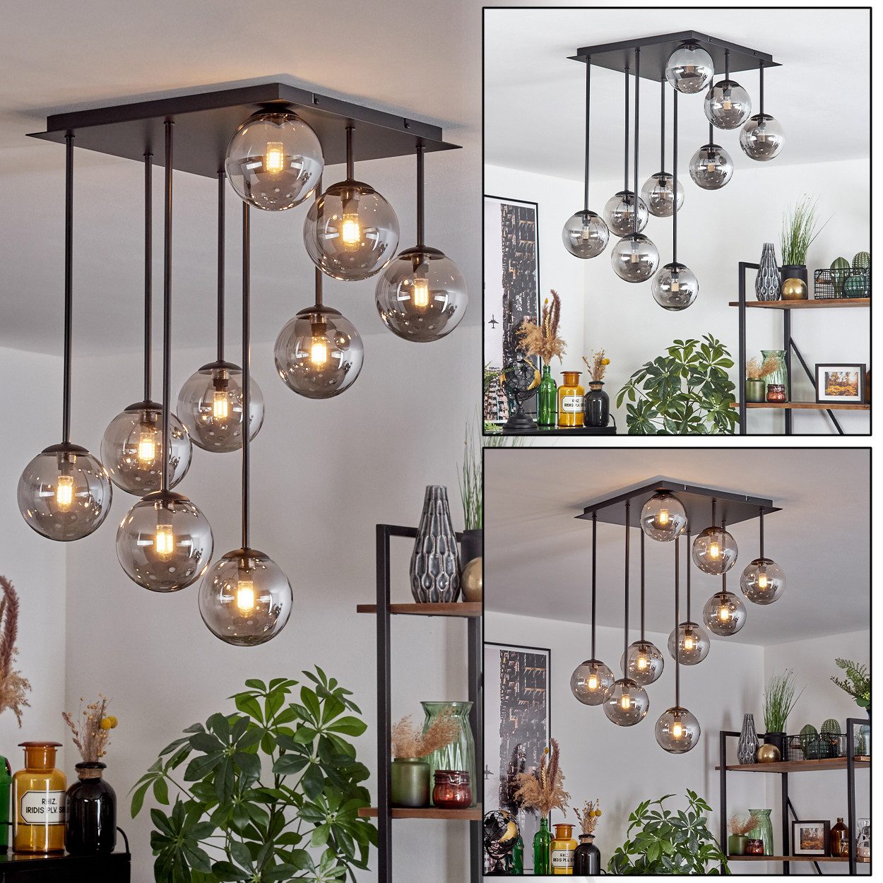 hofstein Deckenleuchte Deckenlampe aus Metall/Glas in Schwarz/Rauchfarben, ohne Leuchtmittel, moderne Retro/Vintage-Design Leuchte m. Glasschirmen (12 cm), 9 x G9