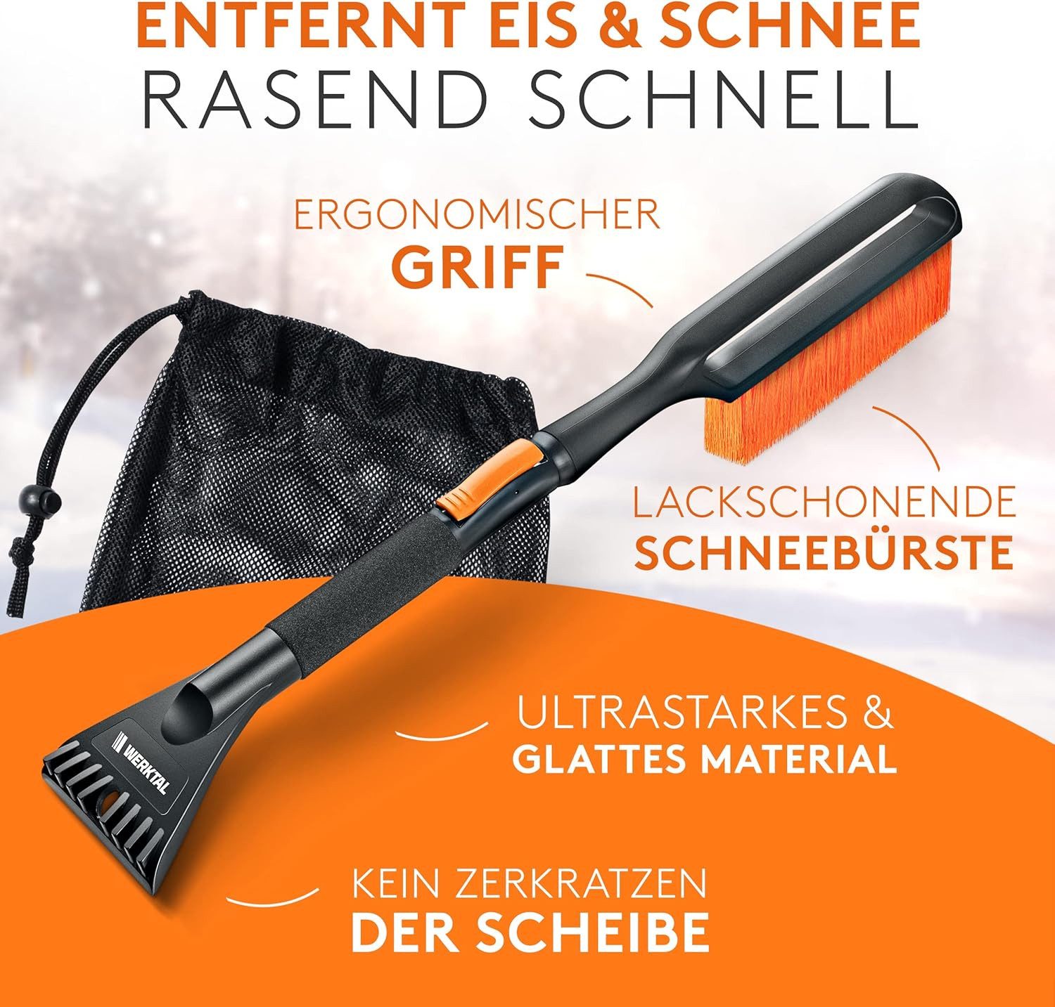 Werktal ice scraper with ice breaker function, gentle on car windows with integrated snow brush & telescopic pole, ergonomic handle