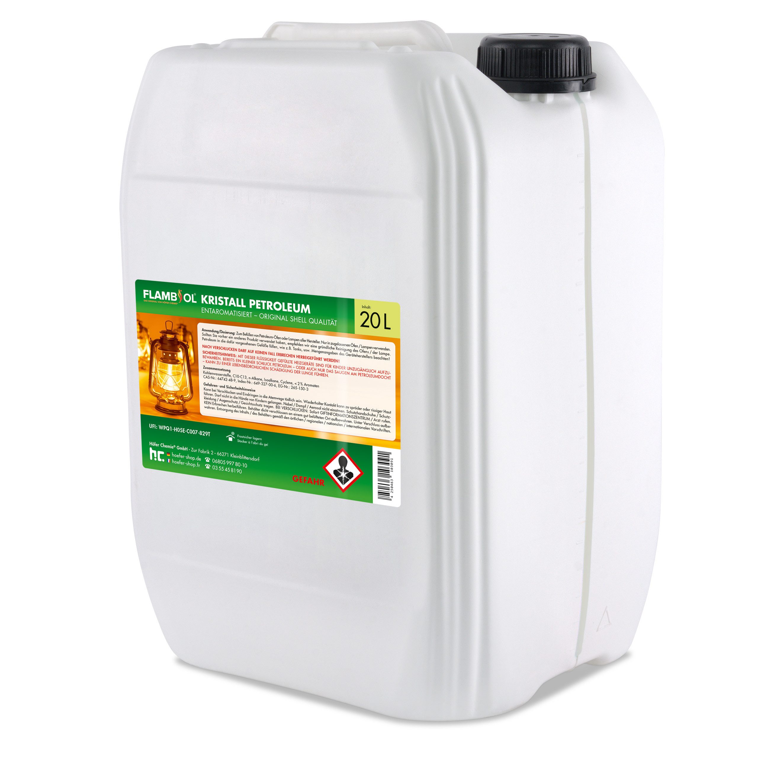 Höfer Chemie GmbH Petroleum 20 L FLAMBIOL® Petroleum Heizöl, 20 l, (1-St), Sauberes Heizöl für Öfen und Lampen