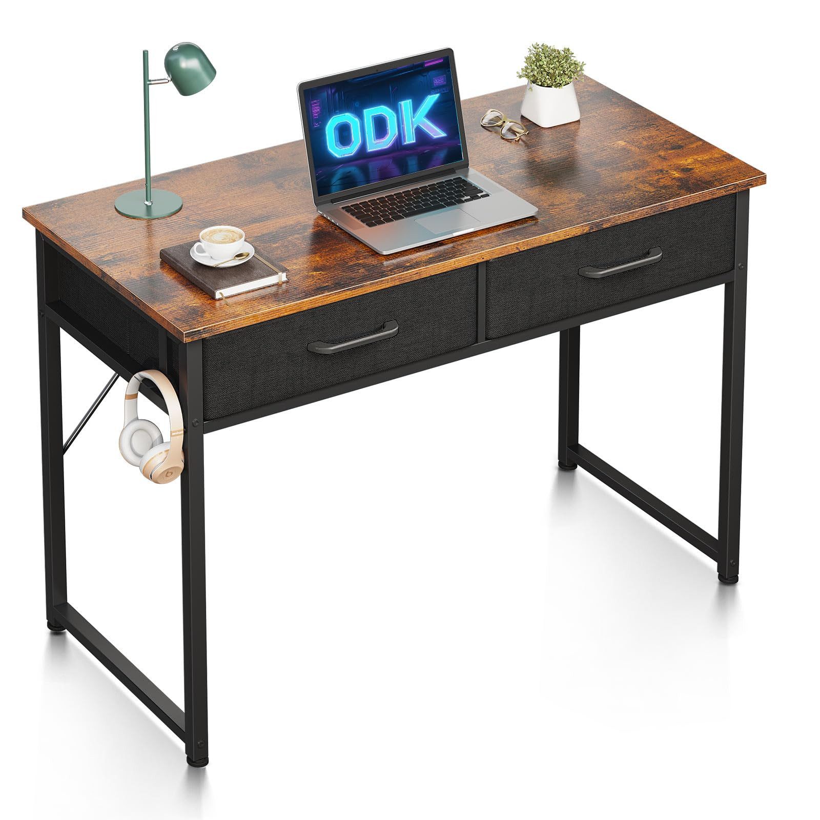 ODK Schreibtisch mit 2 Stoffschubladen und Kopfhörerhaken (1-St), Kompakter PC-Tisch für Home Office, 100×40×78,7 cm – Bild 3 von 5