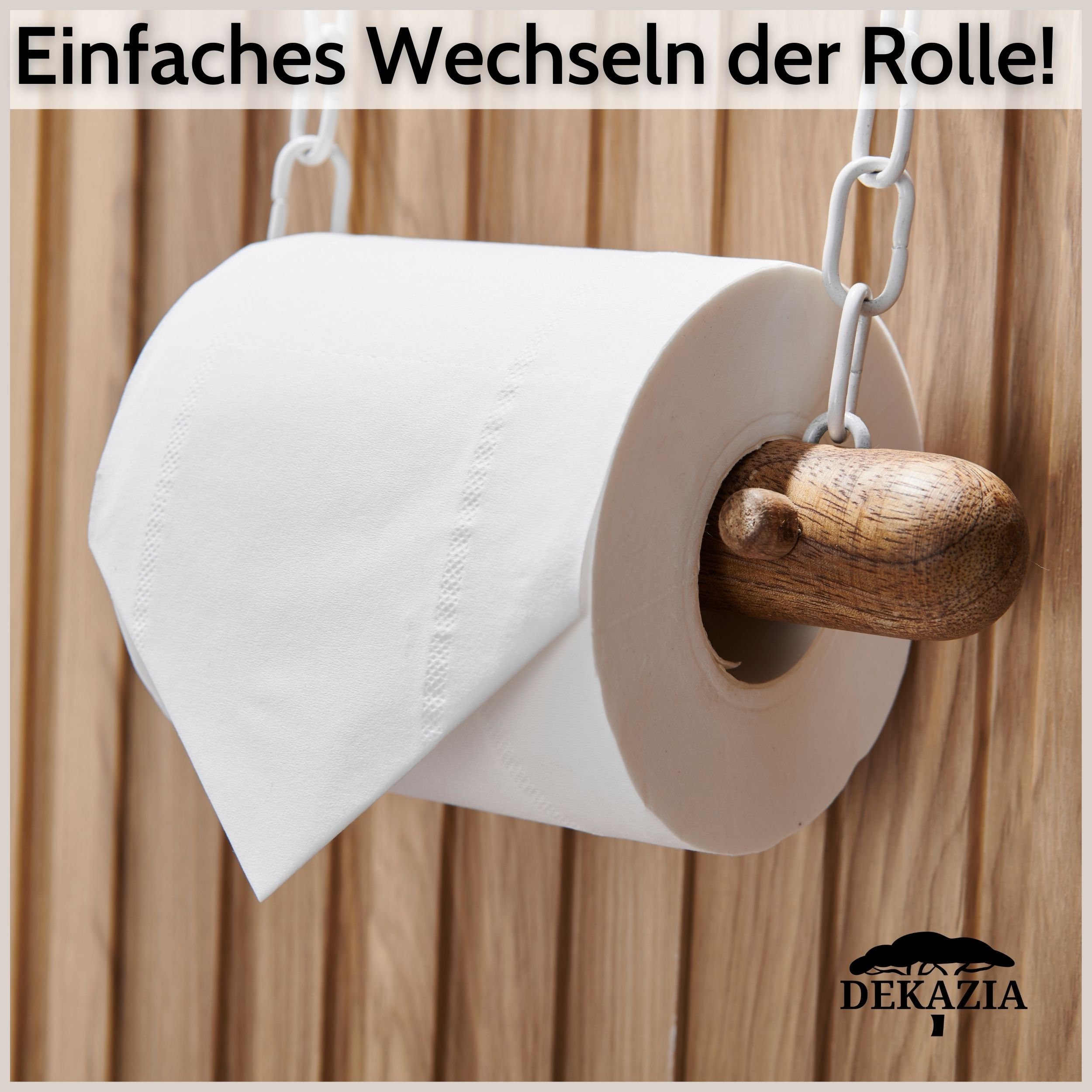 DEKAZIA Toilettenpapierhalter ohne Bohren, WC Papierhalter selbstklebend, Klorollenhalter Holz (Holz und Edelstahl, 5 Modelle, inkl. Klebepads / Montagematerial), Papierrollenhalter zum Kleben, Eiche, Mango Holz, Buchenholz, Stahl