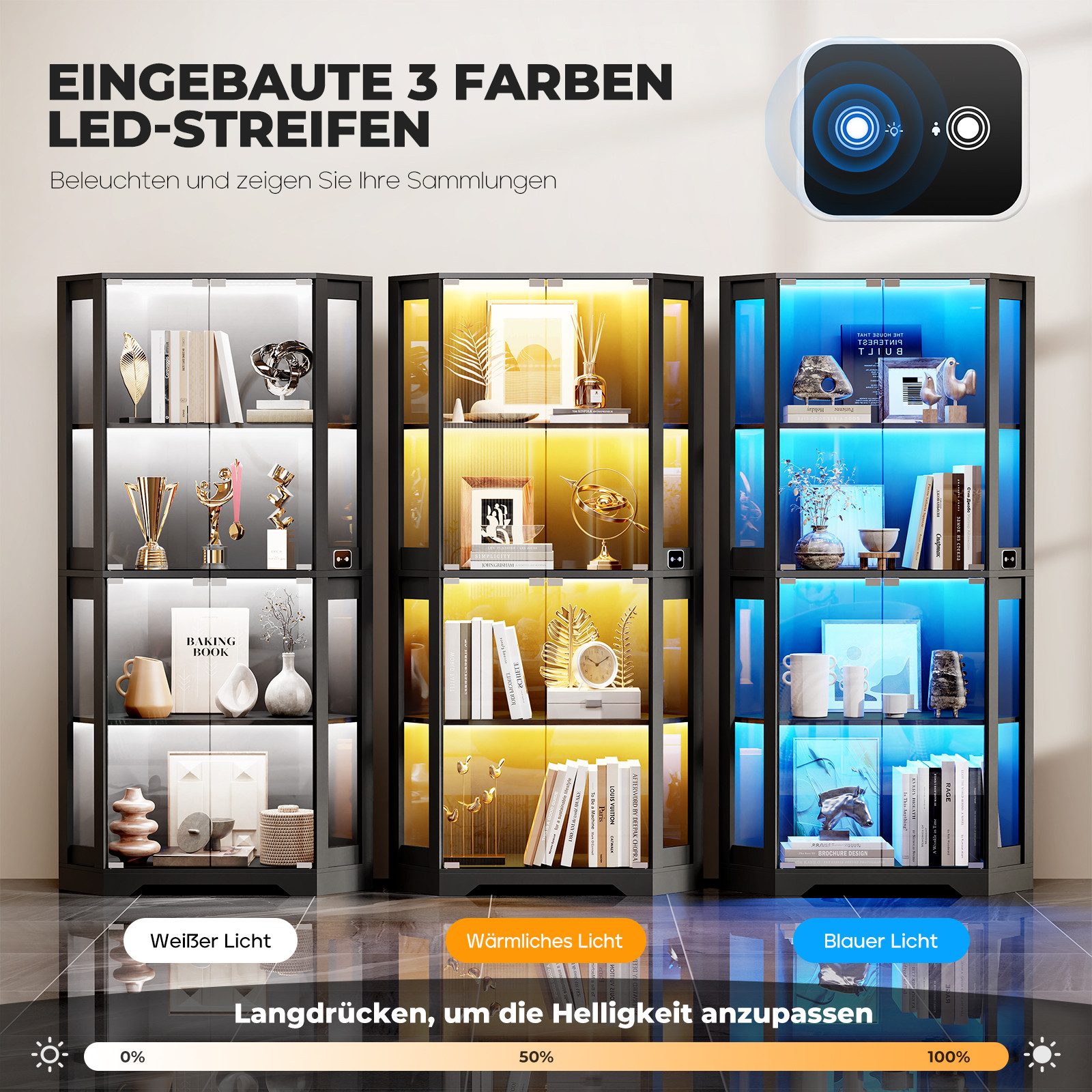 BROTTAR Glasvitrine Curio-Schrank, Eckvitrine, 4 Böden mit LED-Beleuchtung (1-St) mit menschlichem Körpersensor für Spielzeug, Bücher, schwarz