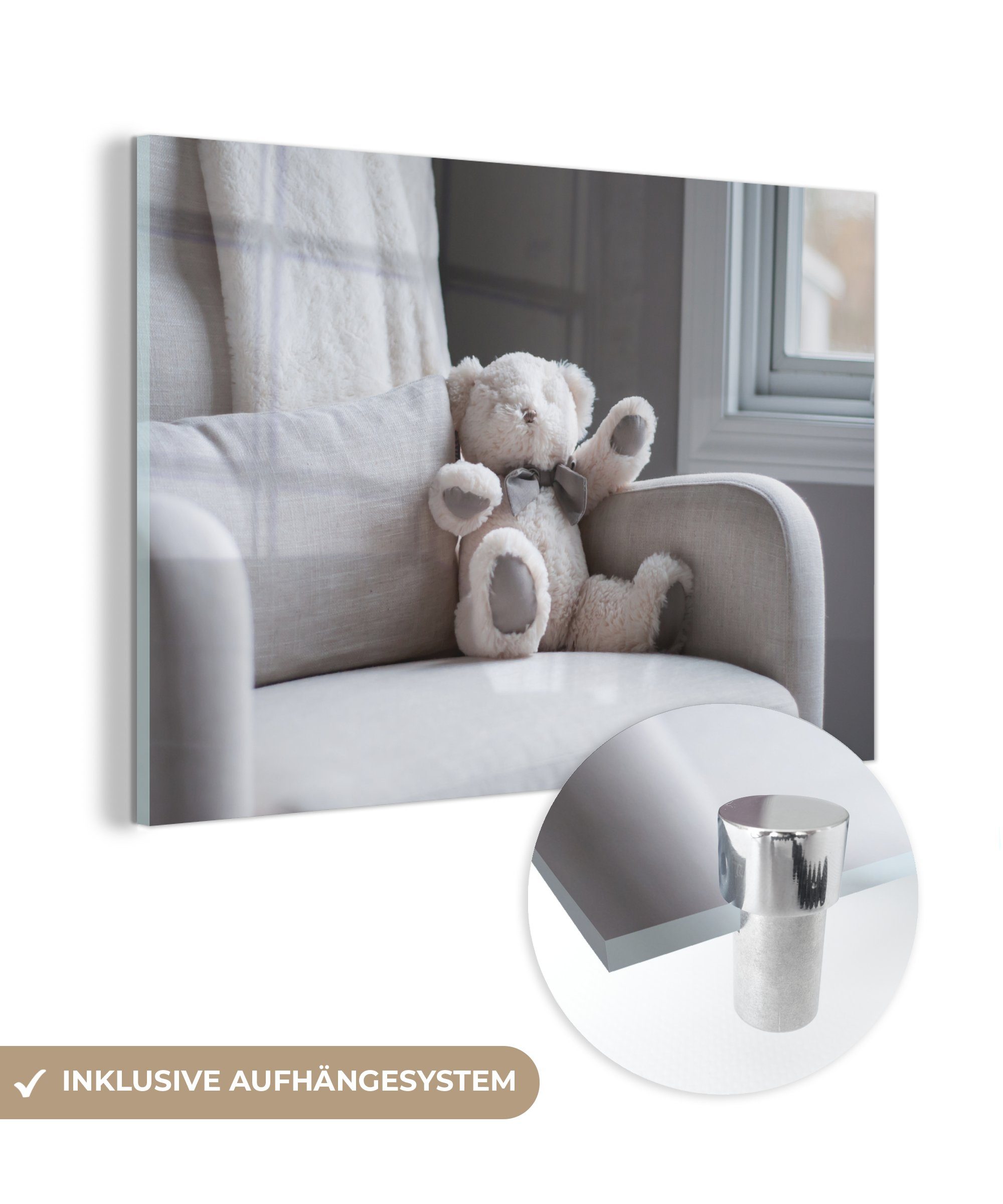 MuchoWow Acrylglasbild Teddybär auf einem Stuhl, (1 St), Acrylglasbilder Wohnzimmer & Schlafzimmer