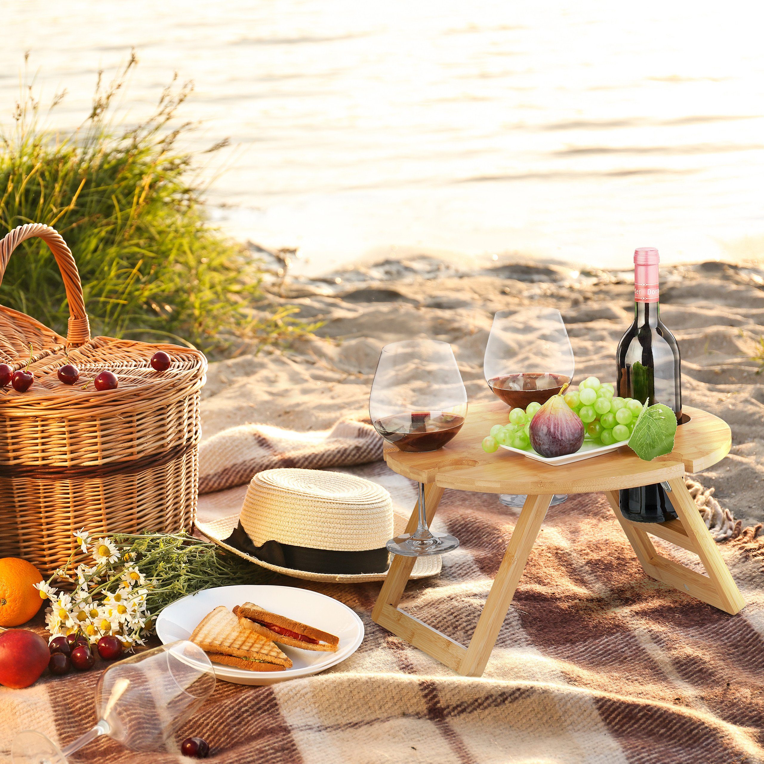 Picknick Weintisch Tabletttisch Runder Bambus relaxdays aus