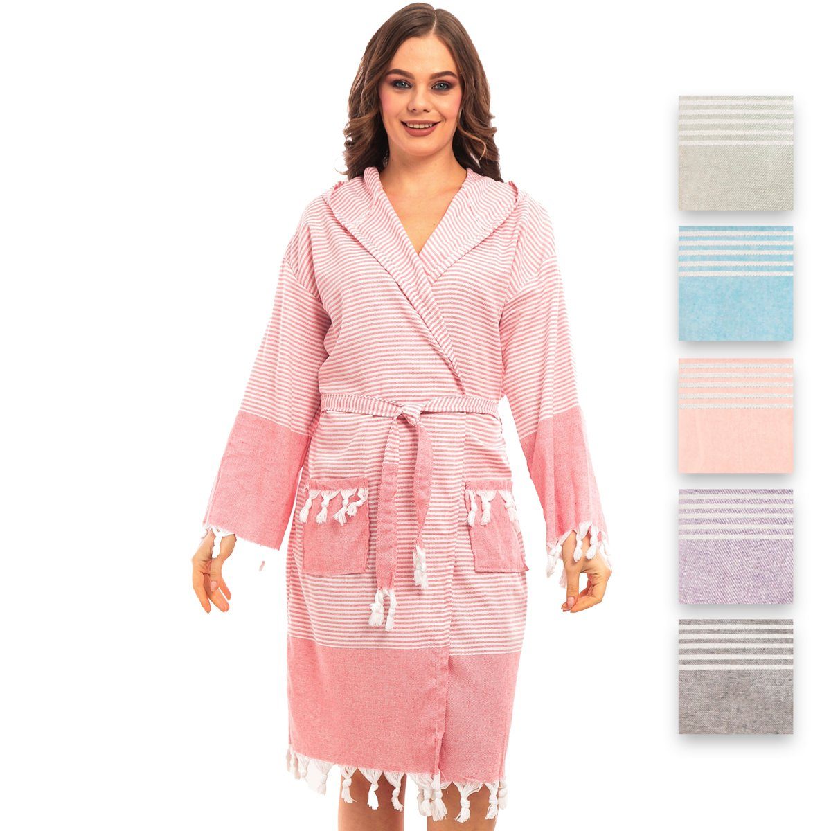 herémood Bademantel herémood Bademantel Damen & Herren Unisex – Weich & Leicht, Langform, 100% Baumwolle, mit Kapuze, & Gürtel, Hamamtuch-Stil mit Taschen – Ideal für Sauna, Spa, Hotel & Zuhause