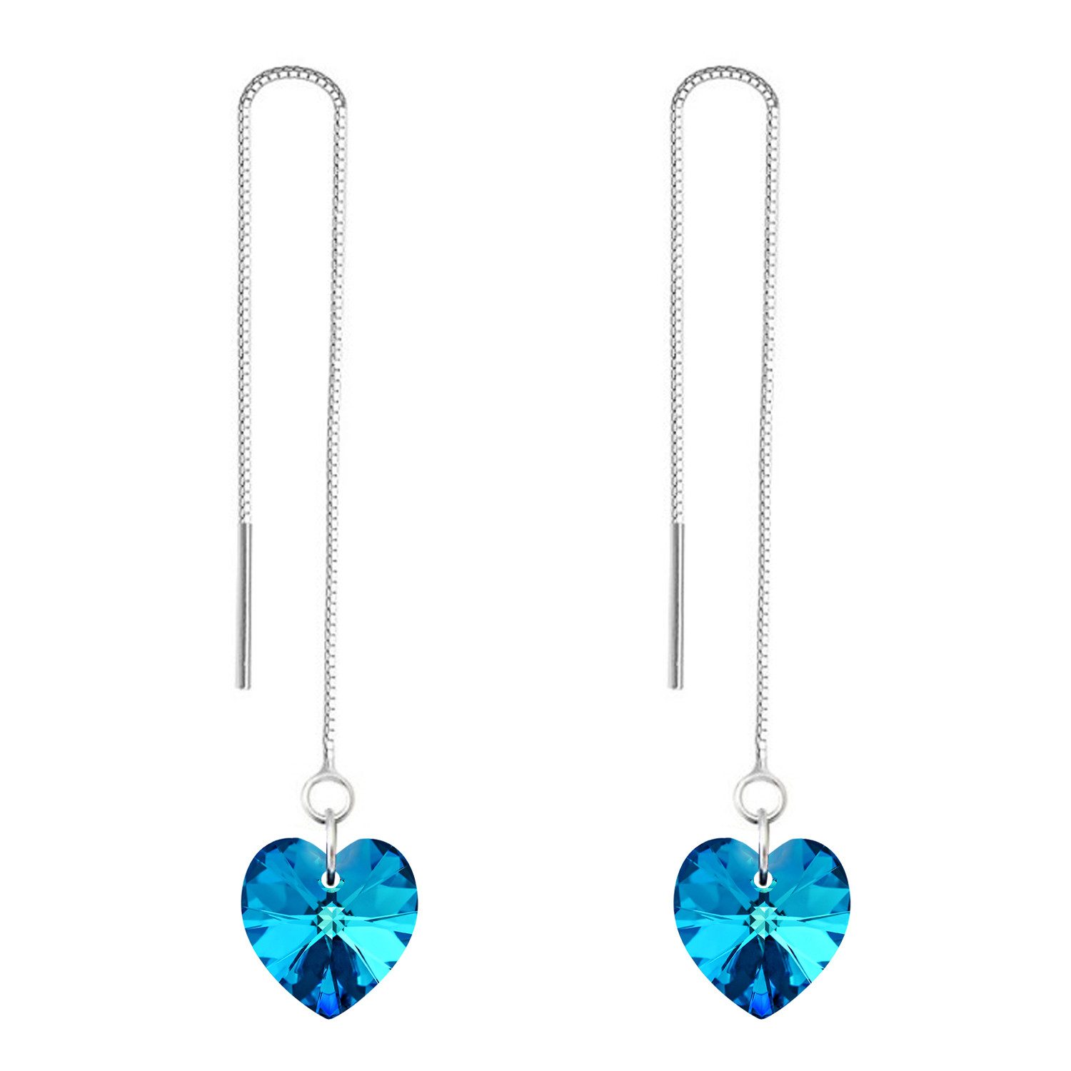 LÖB Paar Ohrhänger 925 Silber Ohrringe Hängend Herz Kristall Anhänger Blau Durchzieher (Geschenke für Frauen Beste Freundin Mutter Mama Damen zum Geburtstag Weihnachten Weihnachtsgeschenke), Herzform Stein Herzanhänger Einfädler Herzohrringe Kette Brautschmuck