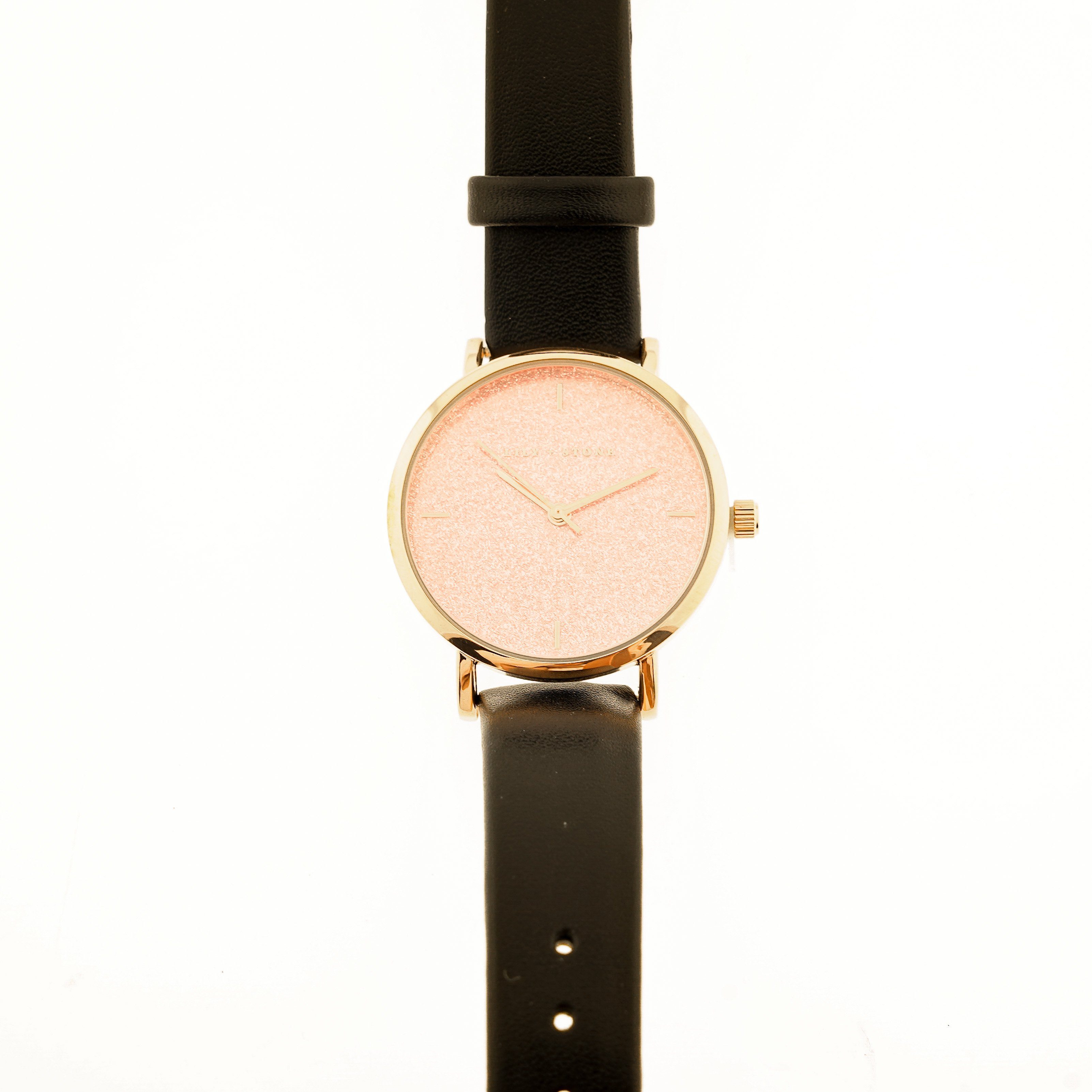 Lily + Stone Quarzuhr Armbanduhr, rosanes Zifferblatt, schwarze Schnalle, Armband