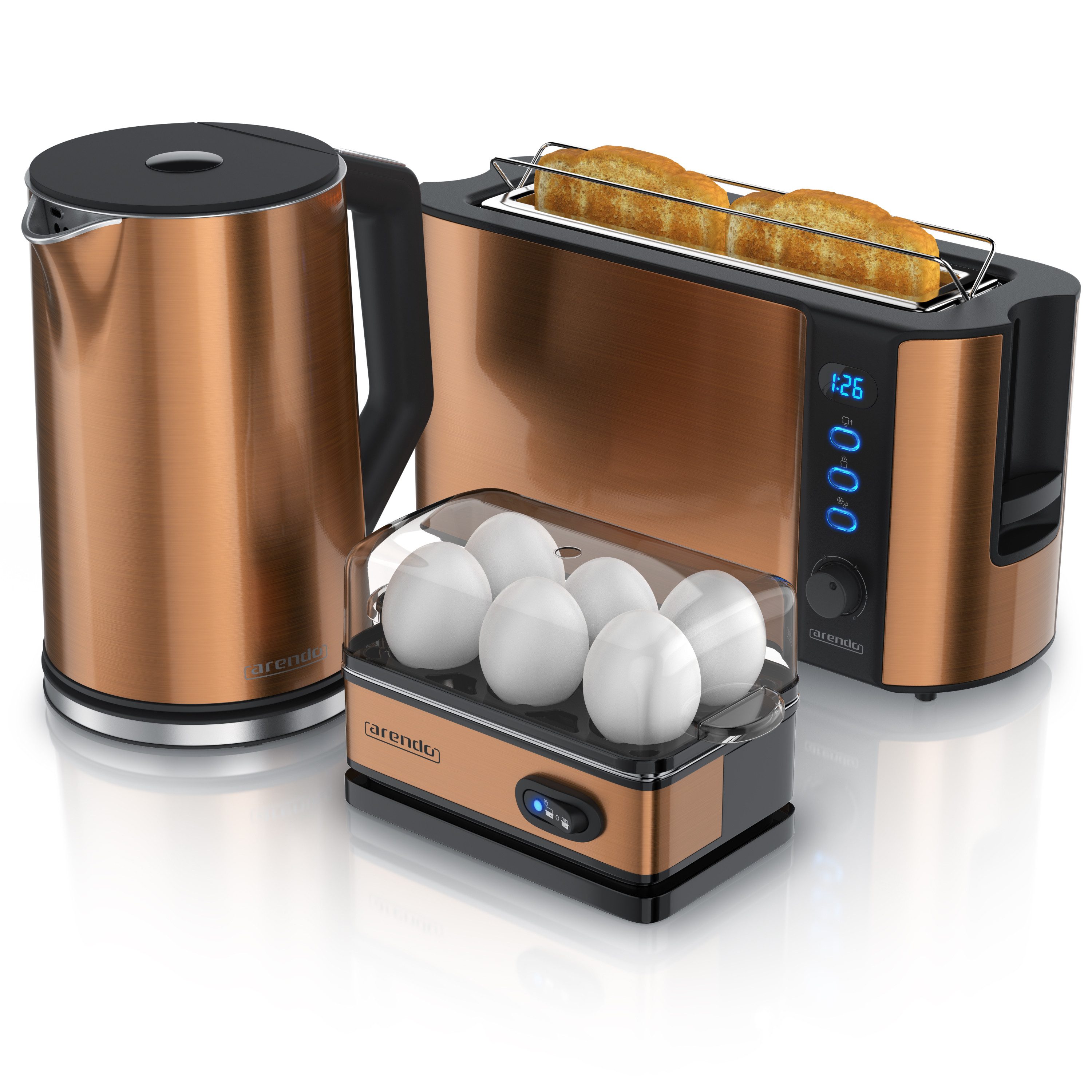Arendo Frühstücks-Set (3-tlg), Wasserkocher 1,5l, 2-Scheiben Toaster, 6er Eierkocher, Kupfer