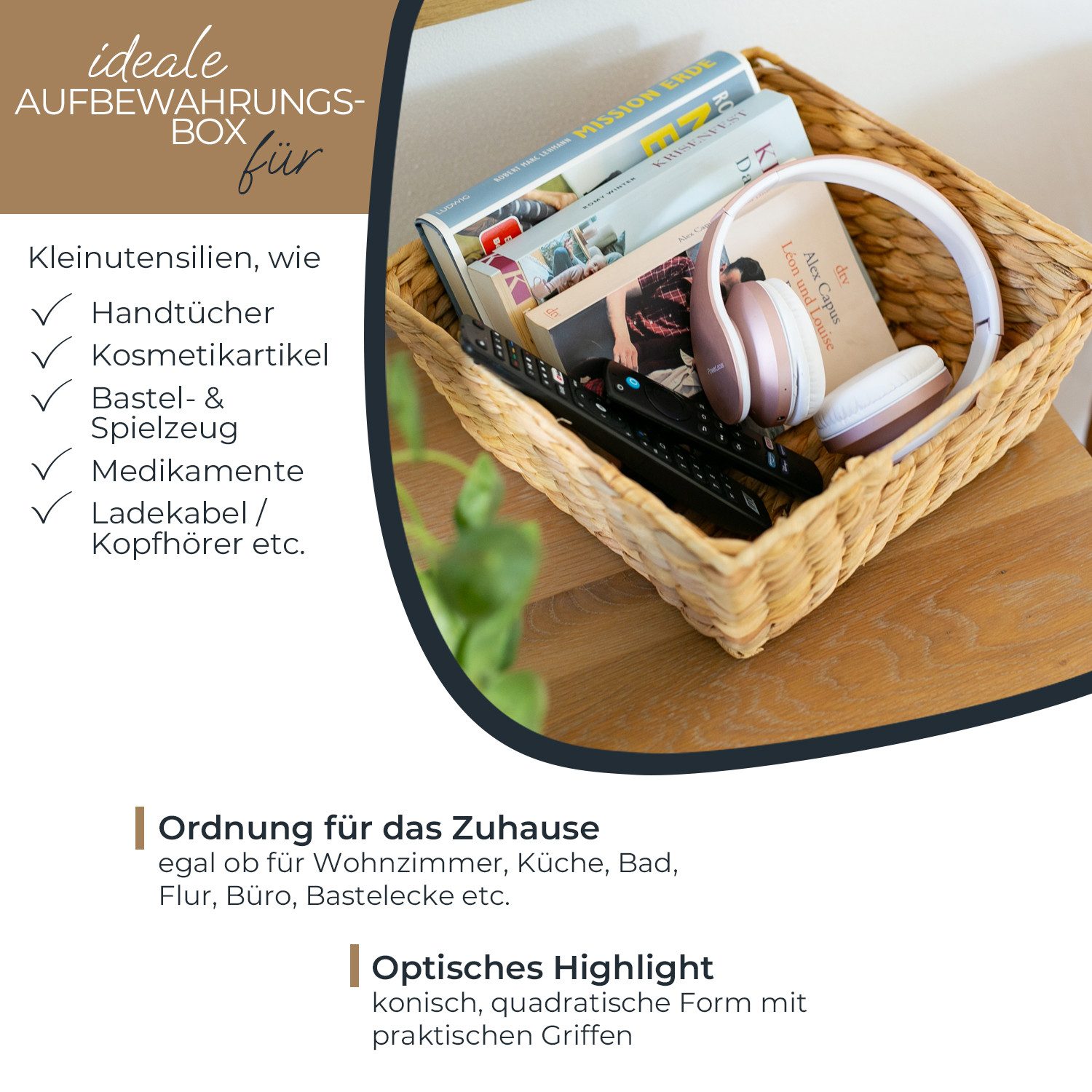 HMF Aufbewahrungskorb Präsentkorb, Geschenkkorb leer, Aufbewahrungskorb geflochten aus Wasserhyazinthe, 30 x 30 x 12 cm