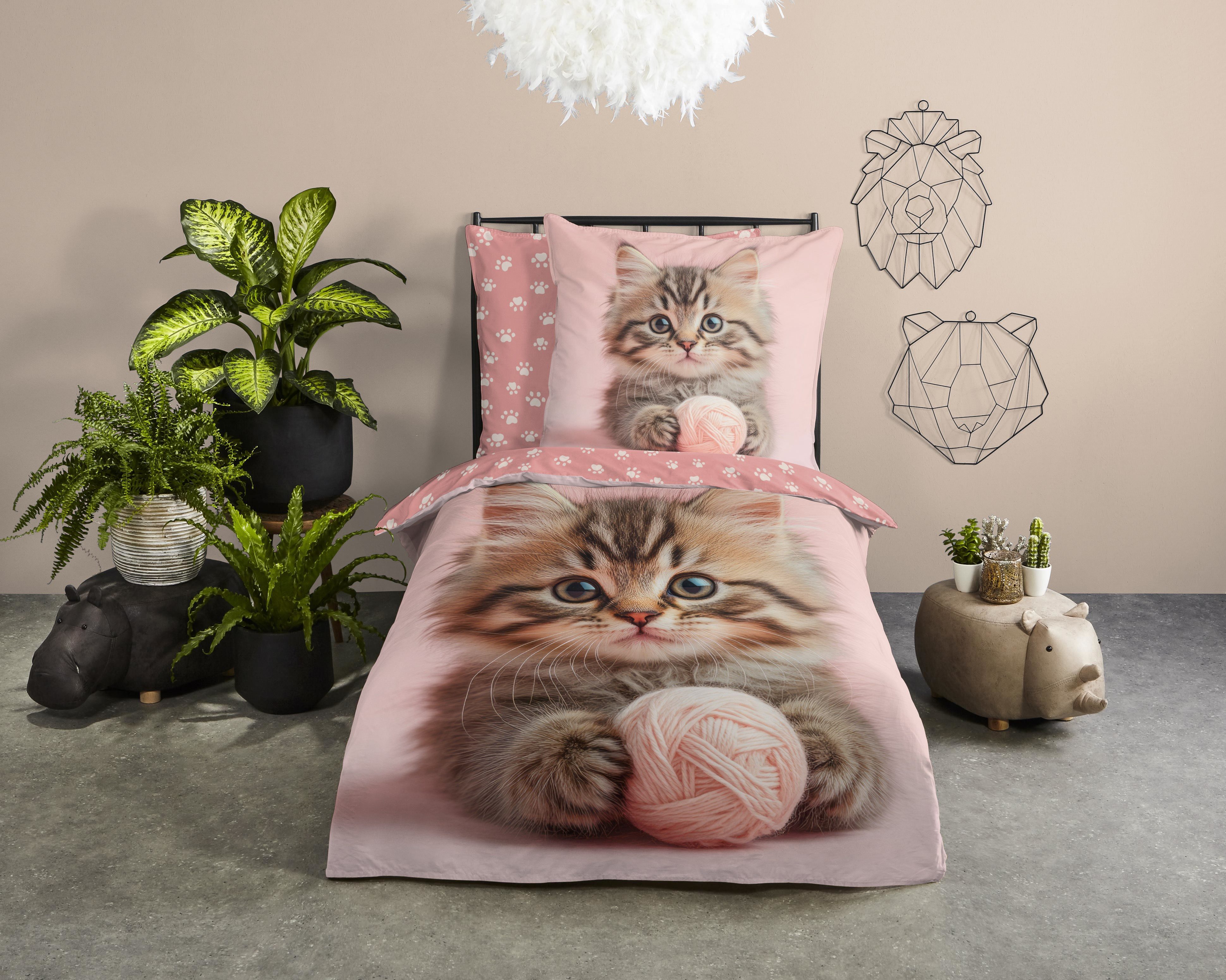 good morning Kinderbettwäsche Chat, Renforcé, 2 teilig, Baumwolle, Renforcé, Wendeoptik, Kind, Mädchen, Katze