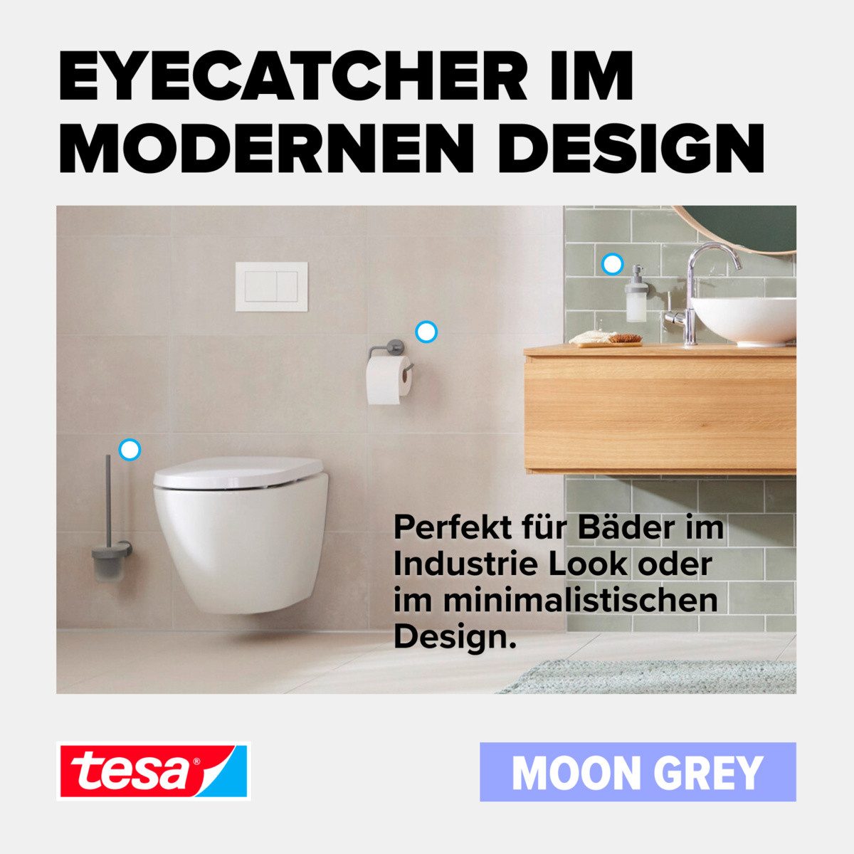 tesa Duschregal MOON Duschkorb ohne Bohren - 9,2 x 25 x 12,5 cm, Packung, selbstklebende Duschablage - matt grau