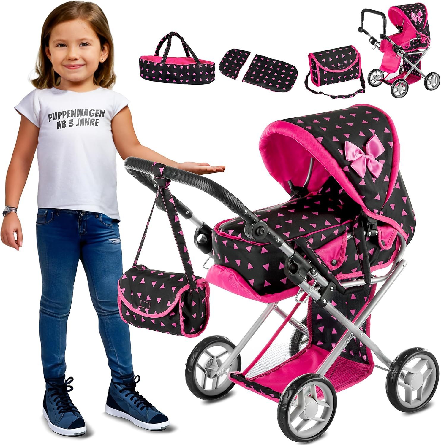kinderplay Puppenwagen Puppenwagen 3-in-1 – höhenverstellbar & klappbar – Spielspaß ab 3 Jahr, (Set)