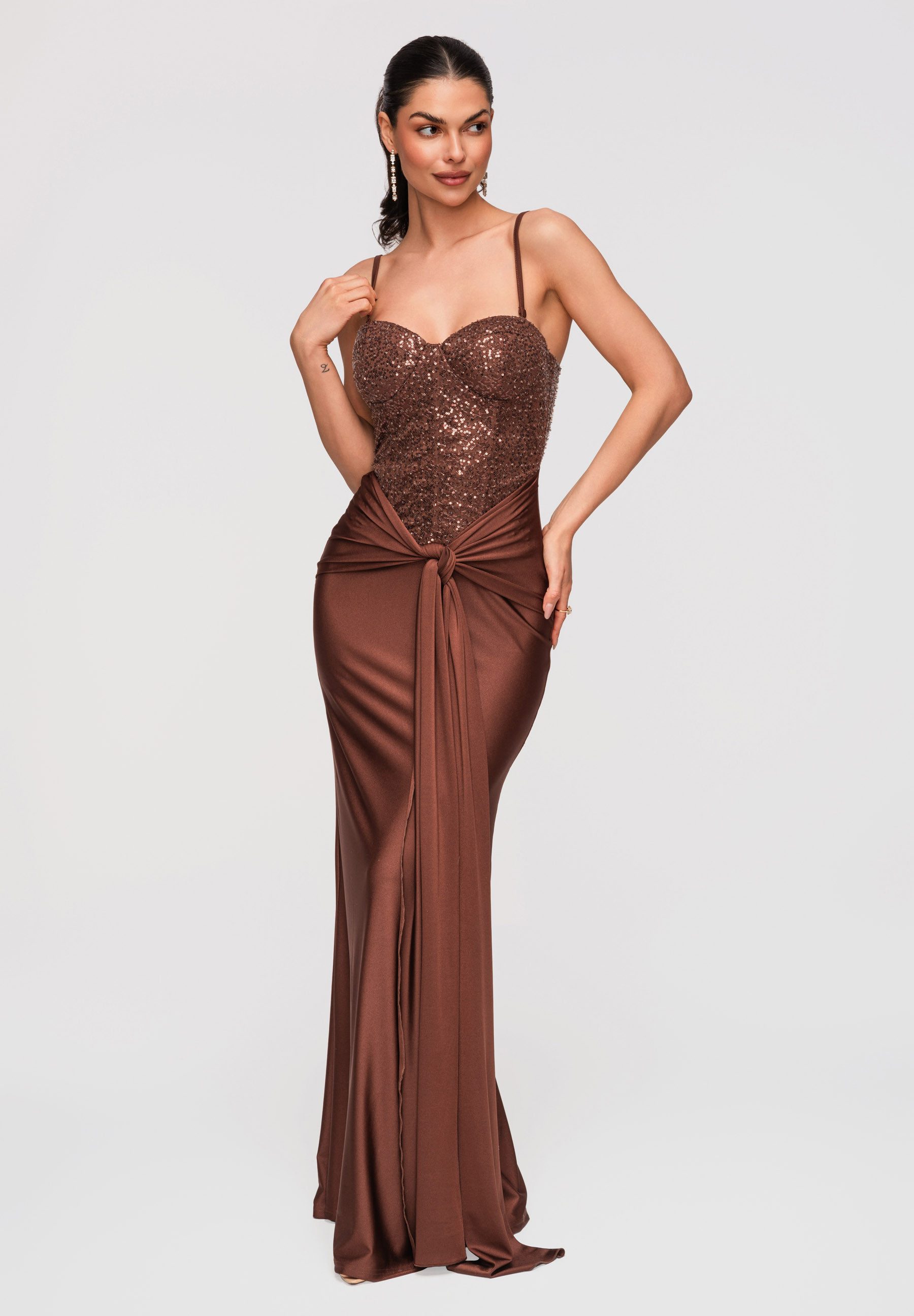 OMBRE Abendkleid Maxikleid mit Pailletten und Korsett-Optik Braun M (kein Set, 1-tlg) Drapierter Bund mit Knoten