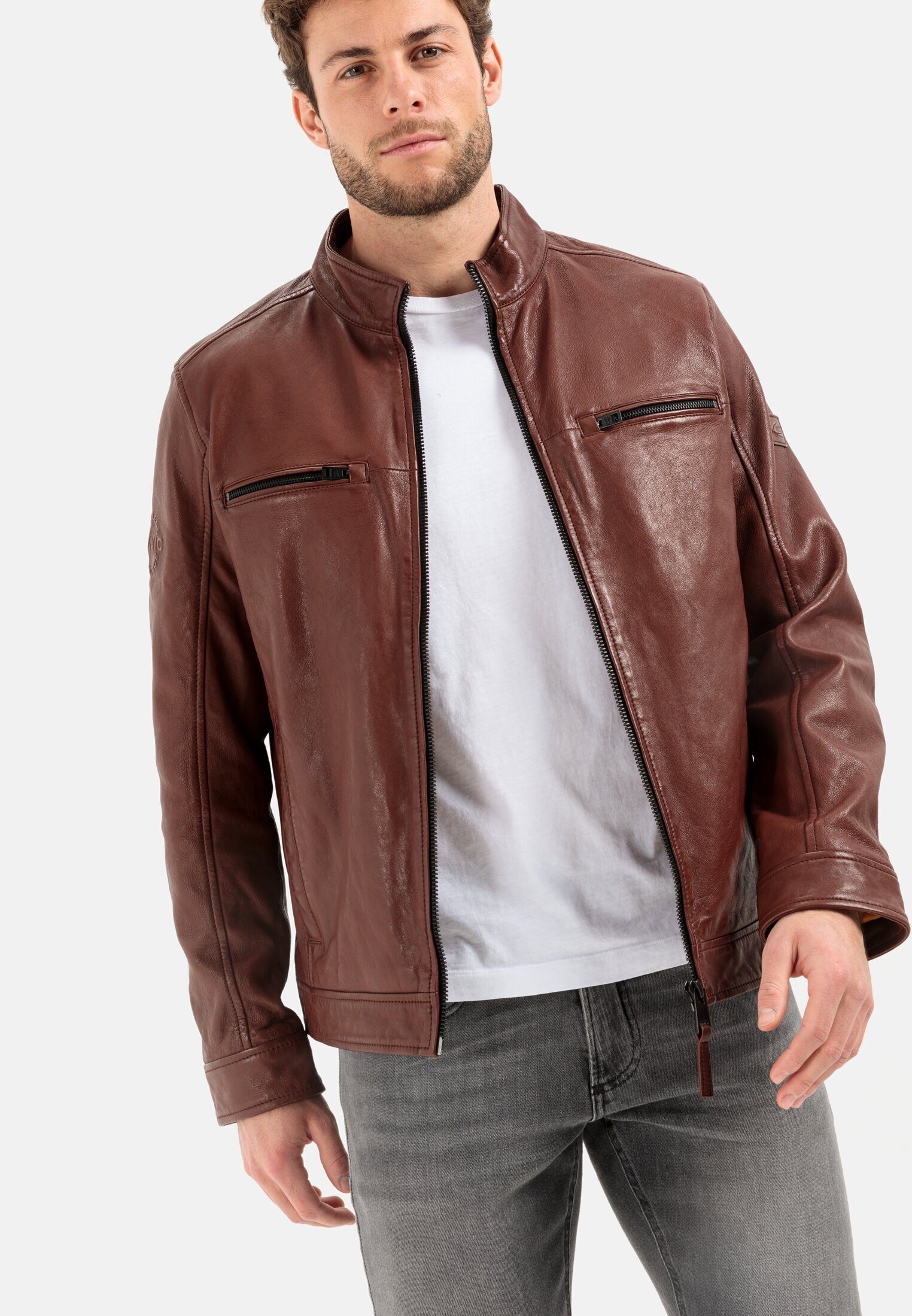 camel active Lederjacke mit Stehkragen Langarm