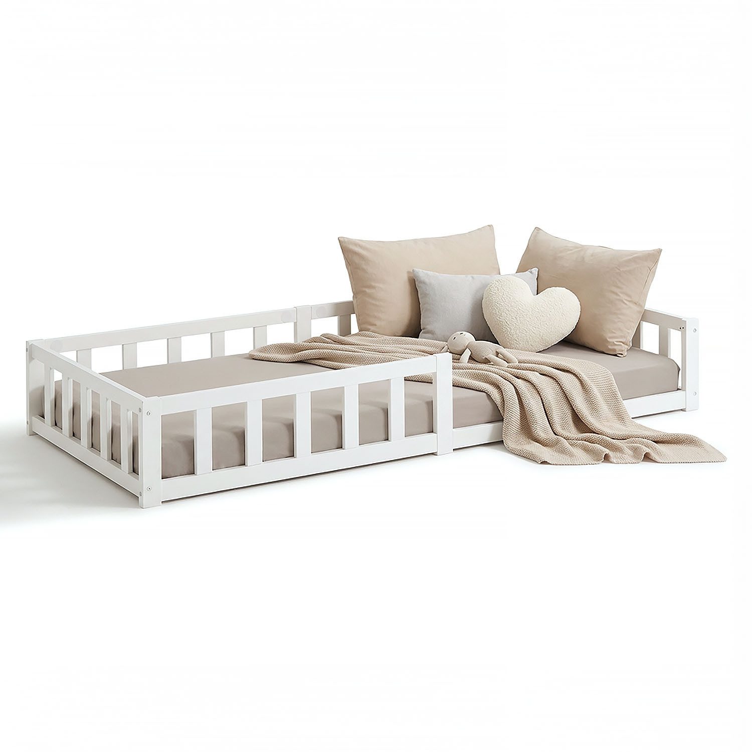 Homestyle4u Kinderbett 90x200 / 120x200 Weiß Natur Holzbett Bodenbett Montessori Kleinkind (Set, mit Lattenrost), mit Rausfallschutz