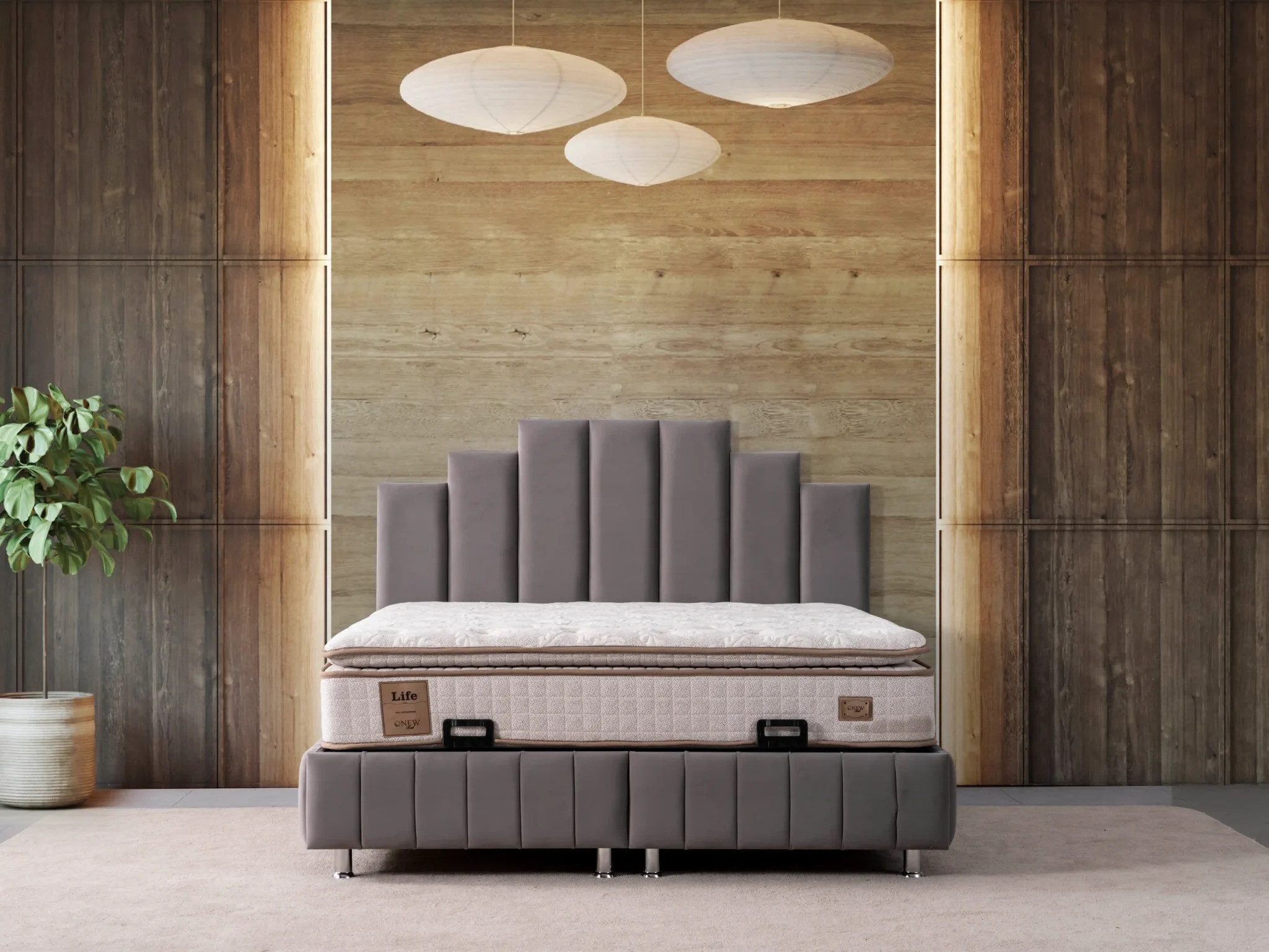 Bermo Home Bettgestell Natura (Set, Natura Boxspring-Bettgestell inkl. gestuftem Kopfteil & Metallfüßen)