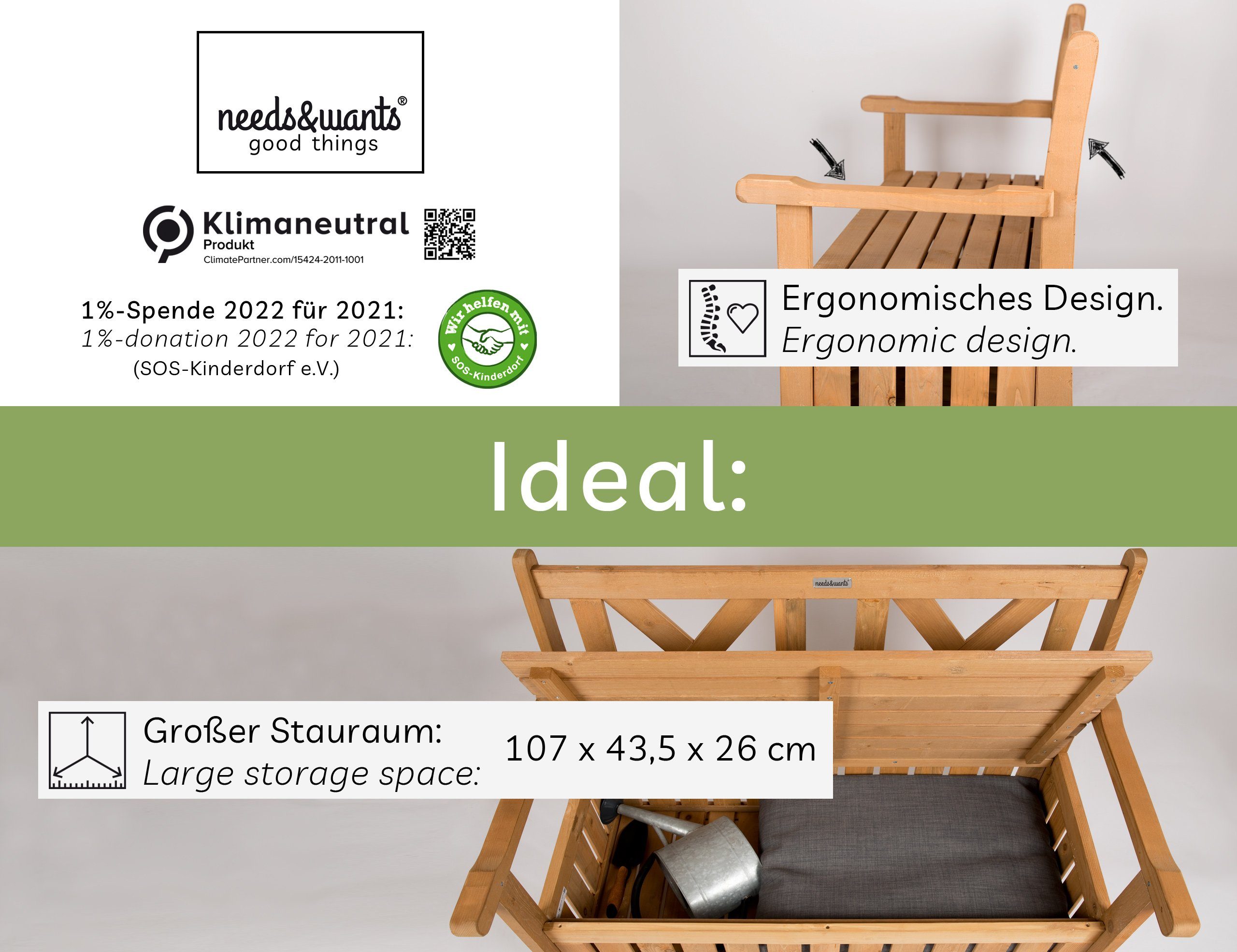 needs&wants® Gartenbank Holz wetterfest mit Stauraum, Truhenbank Holzbank  Sitzbank Truhe braun
