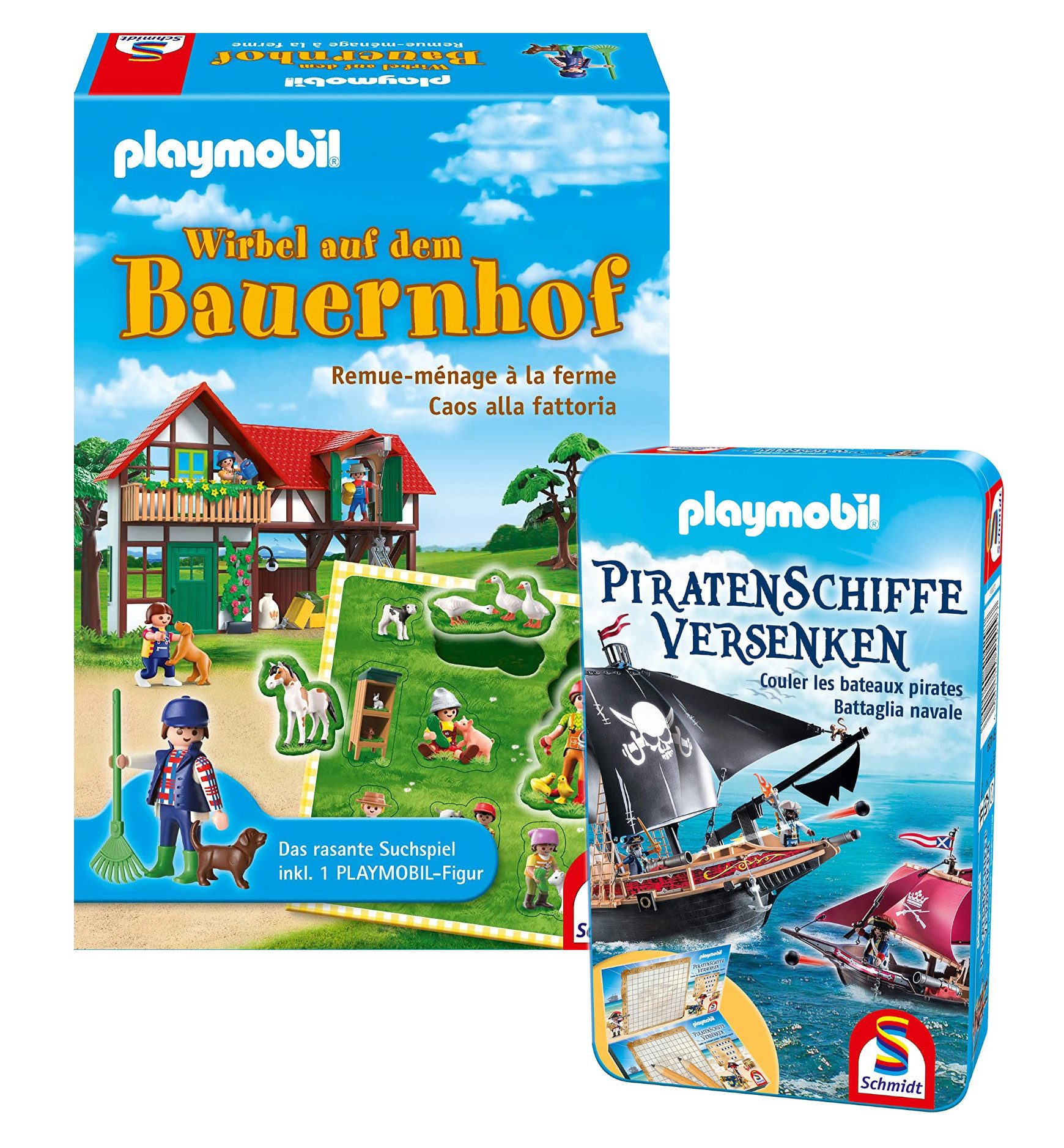 Schmidt Spiele Spiel Playmobil BUNDLE - Wirbel auf dem Bauernhof + Piratenschiffe versenken, Brettspiel