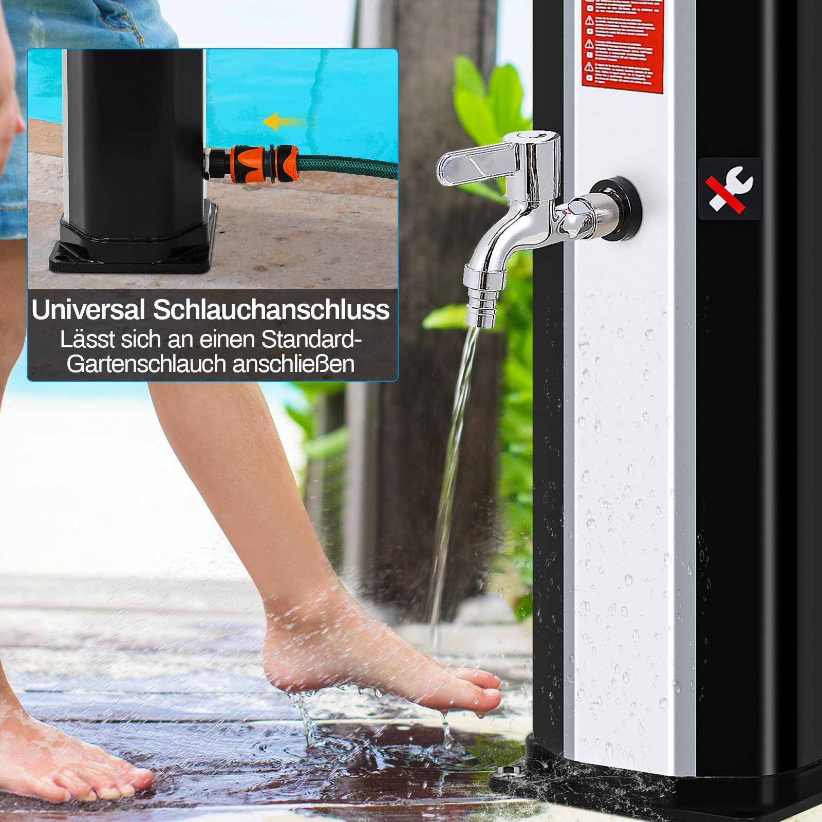 TLGREEN Solardusche Gartendusche ohne Strom mit 360° Oberkopf-Duschkopf & 210D Schutzhülle (35L Pooldusche Campingdusche bis 60°C warmes Wasser, mit unabhängigem Wasserhahn & Gartenschlauch-Anschluss), (ohne Handbrause)