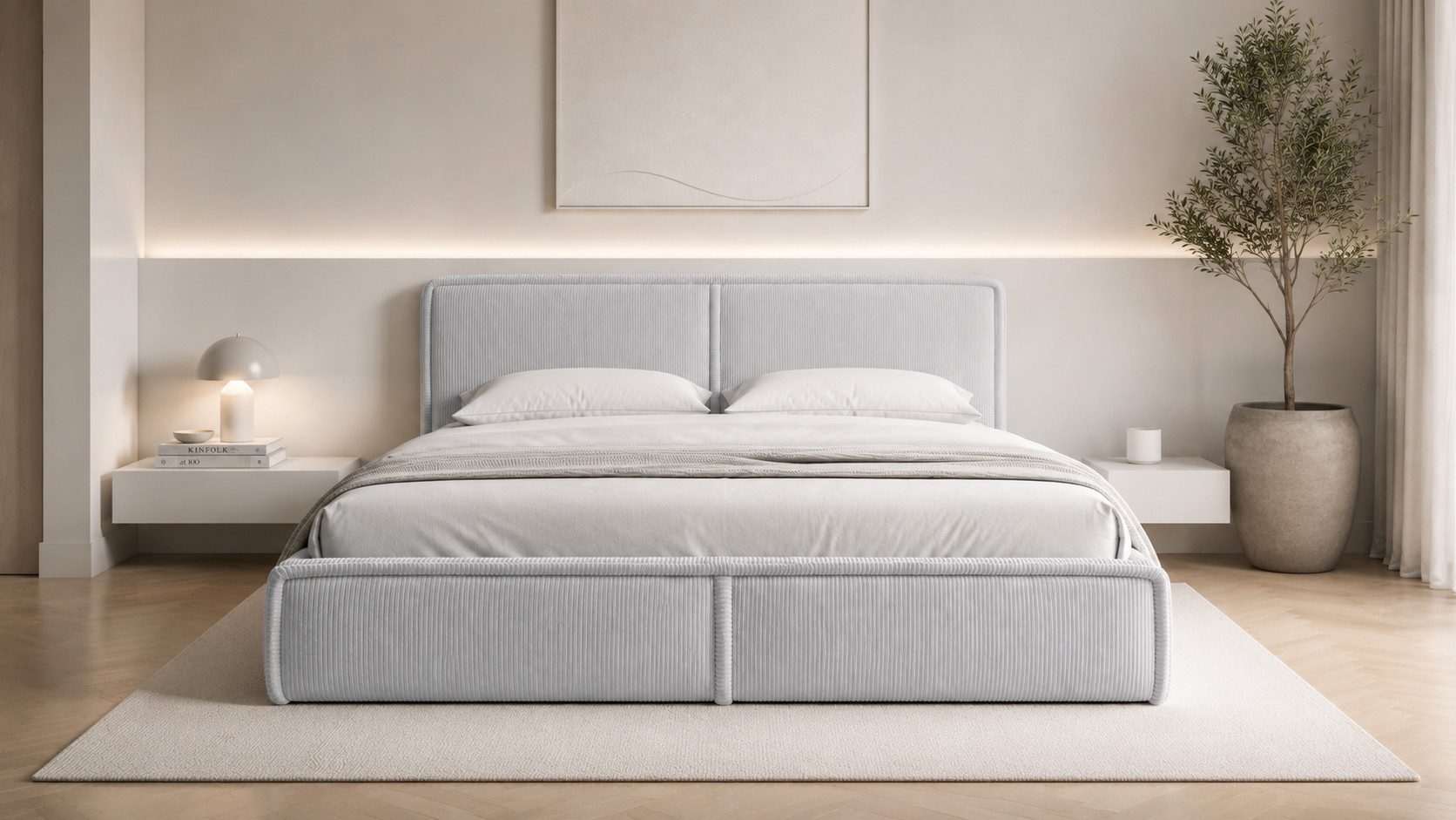 MOEBLO Polsterbett BETT 04 (Bezug: aus Cord, Doppelbett mit Kopfstütze, Rahmenbettgestell 180x200, mit Bettkasten und Lattenrost), mit Bettkasten