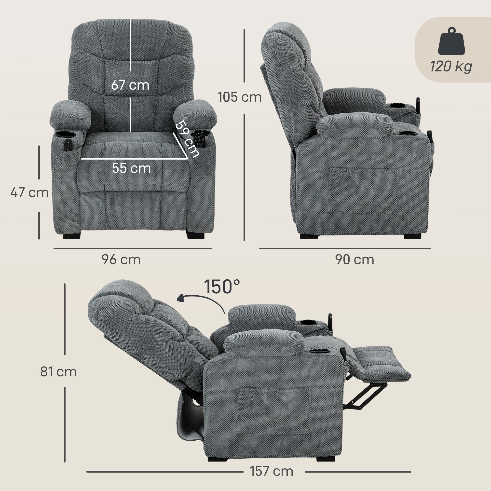 HOMCOM Massagesessel Relaxsessel Fernsehsessel mit Massage & Wärme (TV Sessel, 1-St., 1), mit Fernbedienung, USB-Anschluss, Becherhalter – Bild 3 von 5
