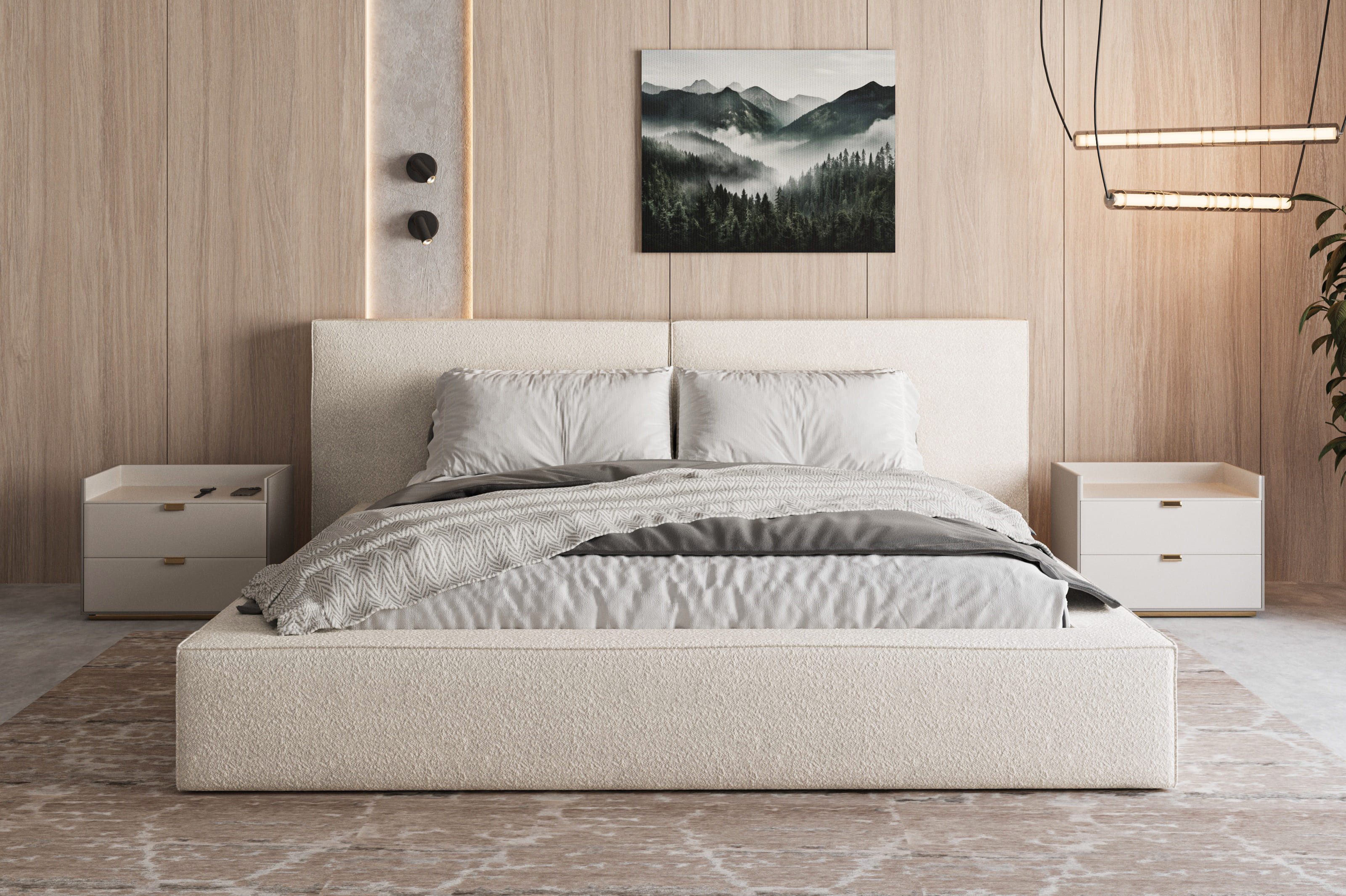 MOEBLO Polsterbett aus Bouclé Bett 06 (Bezug: Boucle, Doppelbett mit Kopfstütze, Rahmenbettgestell, mit Bettkasten und Lattenrost), gepolstertes Kopfteil