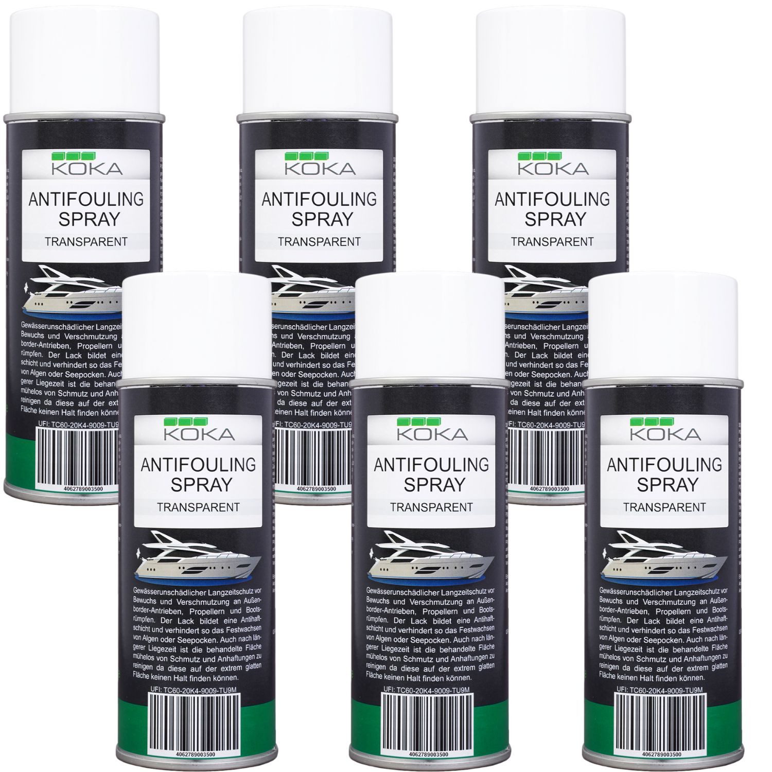 KOKA 6x Antifouling Spray Transparent Bewuchs-Schutz Lackschutz (Dosen, 6 St., 6x 400ml Dose), Langzeitschutz Antihaft-Schicht für Bootsrumpf Rumpf Antrieb Propeller