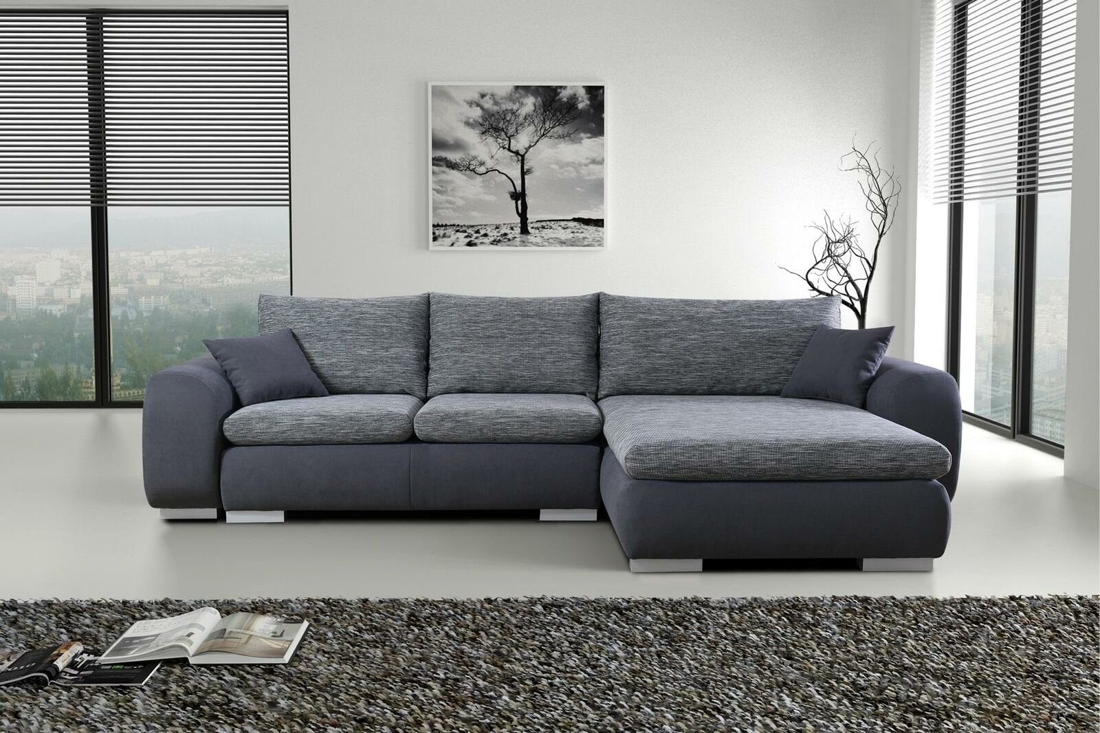 JVmoebel Sofa, Ecksofa Bettfunktion Couch Graue Polster Couchen Textil