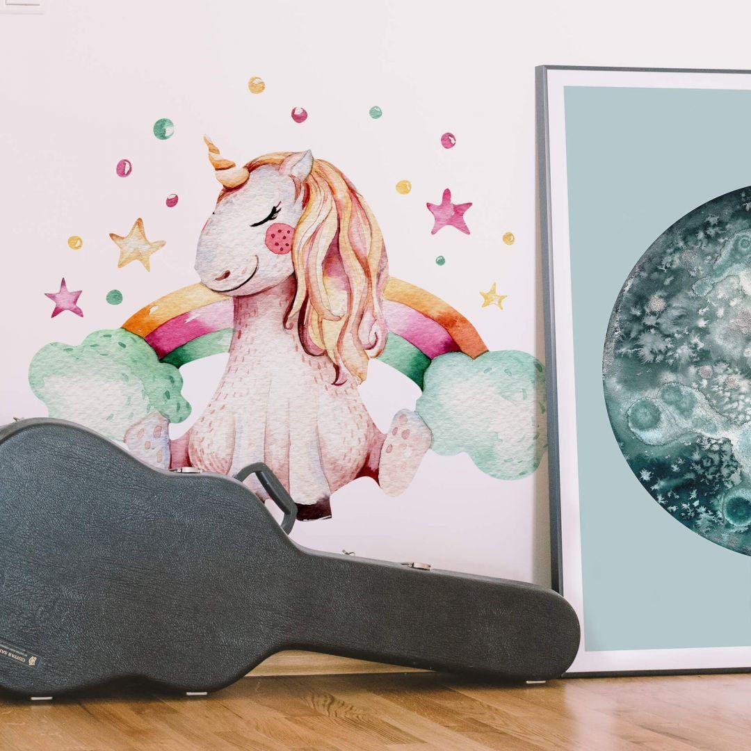 Wall-Art Wandtattoo Einhorn sitzt vor St) (1 Regenbogen