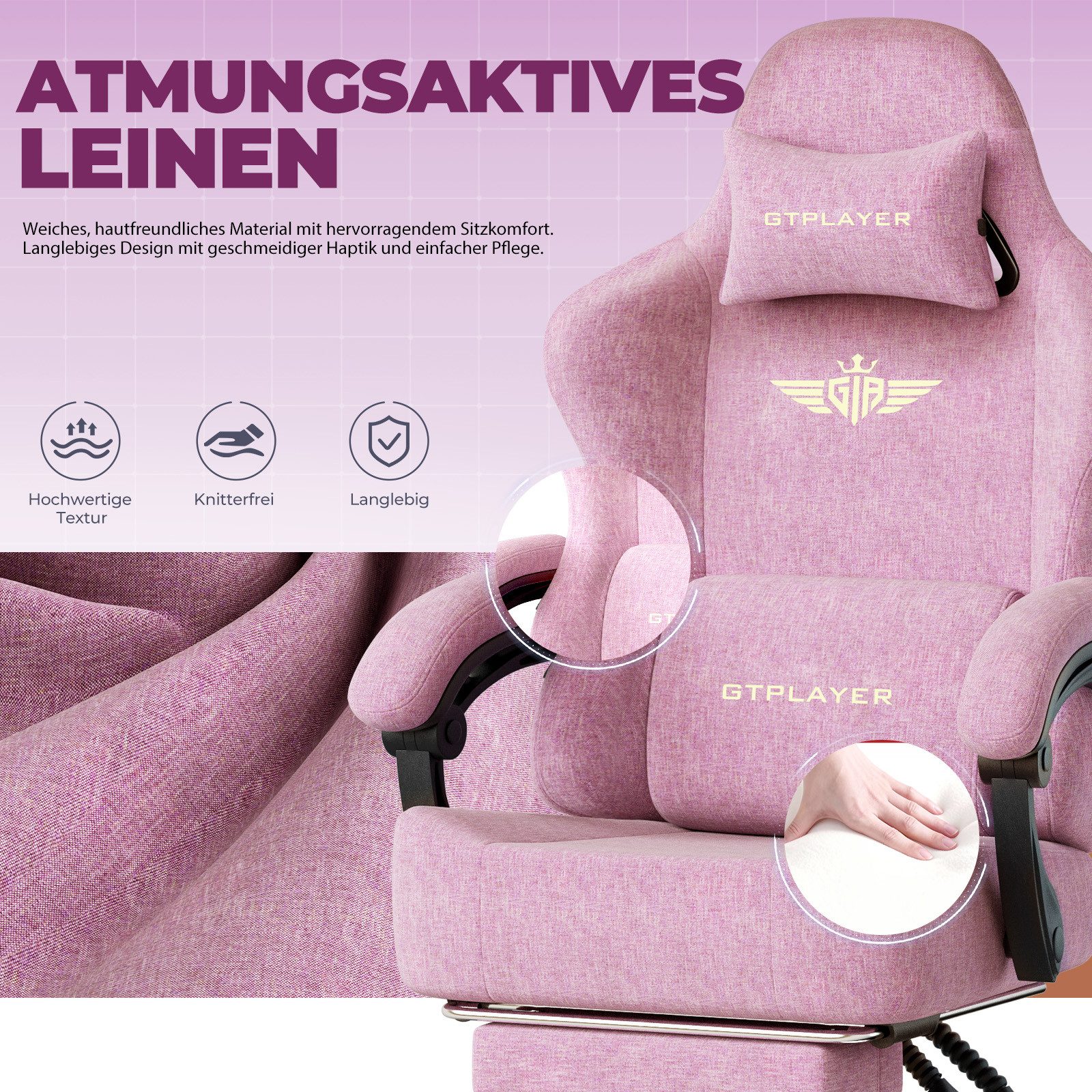 GTPLAYER Gaming-Stuhl Atmungsaktiver Bürostuhl, ergonomisch Hochwertiger - Stoff/Kunstleder, 160° Verstellbare Rückenlehne und ausziehbare Fußstütze – Bild 2 von 5