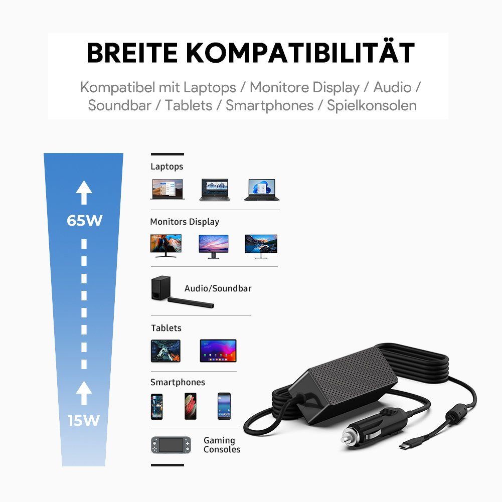 HKY 65W max Auto Ladegerät Laptop Type C für alle Typ-C-fähigen Geräte KFZ-Netzteil (Schnellladung, kompatibel mit DELL Pro 14/16 Serien, USB-C PD)