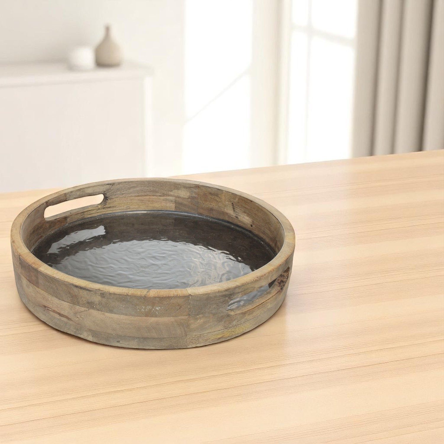 Macosa Home Dekotablett Holztablett Mangoholz Perlmutt Braun Grau 35 cm rund mit Griffen (Servierplatte Obsttablett Wohnaccessoire modern), Tablett Tischdekoration Kerzenteller