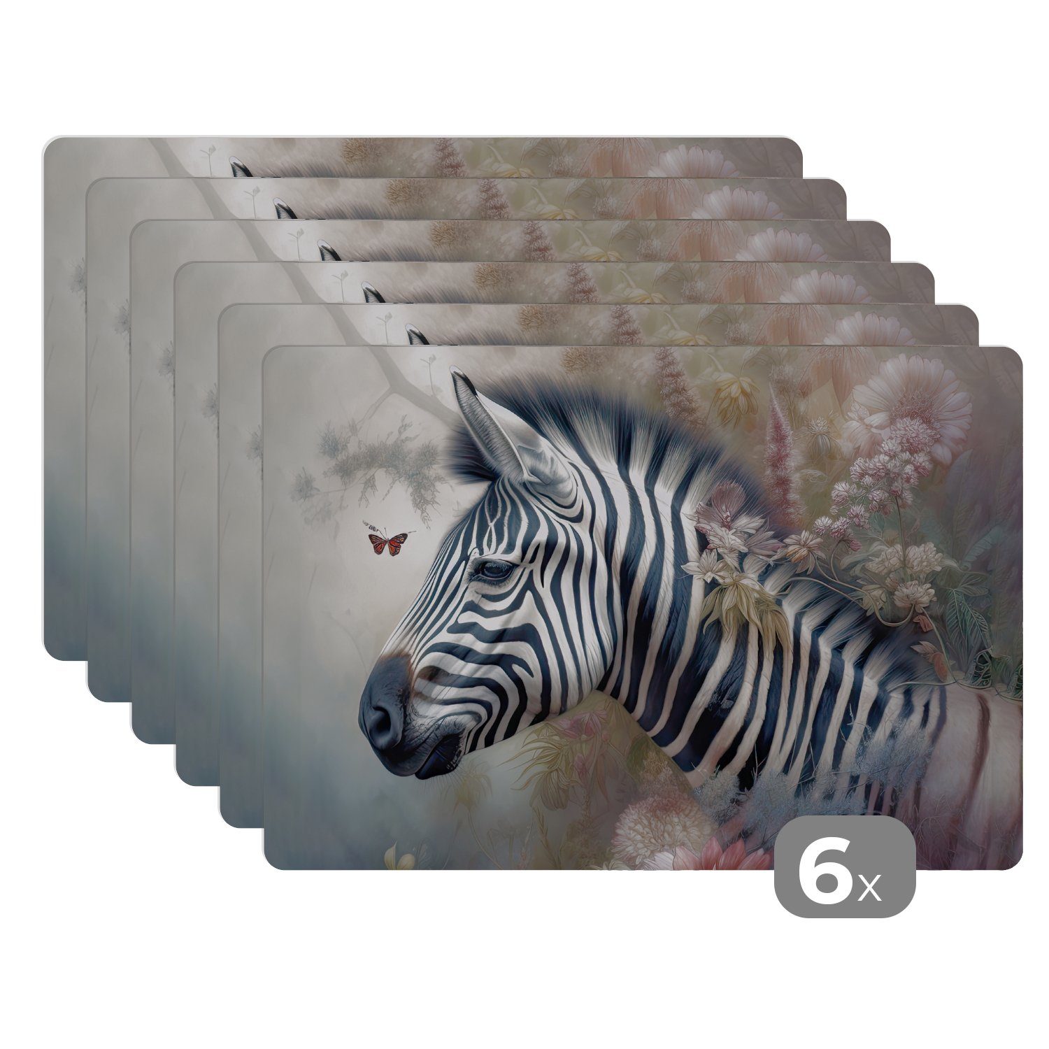 Platzset, Zebra - Wilde Tiere - Schmetterling - Blumen, MuchoWow, (6-St), Platzset, Platzdecken, Platzmatte, Tischmatten, Schmutzabweisend