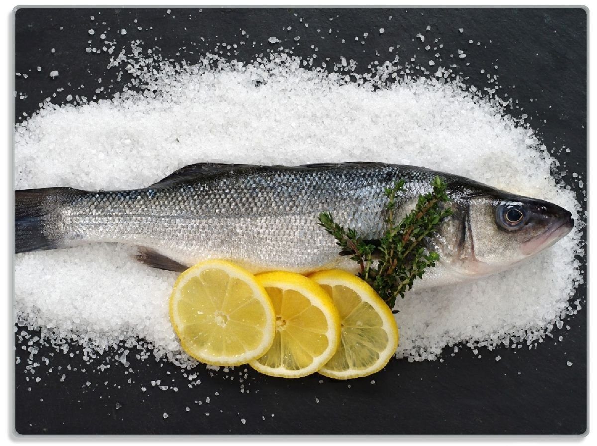 Wallario Schneidebrett Fischmenü - Frischer Fisch auf Salz mit Zitronen, ESG-Sicherheitsglas, (inkl. rutschfester Gummifüße 4mm, 1-St), 30x40cm