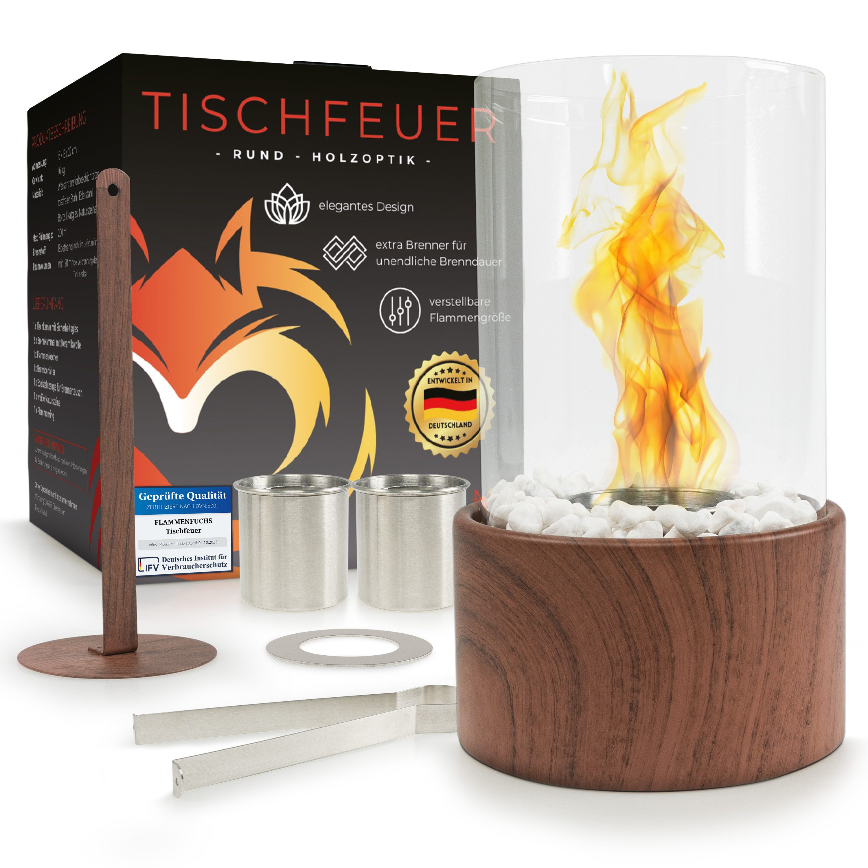 Flammenfuchs Tischfeuer in edler Holzoptik, Bio-Ethanol Tischkamin, Verstellbare Flammengröße, Ersatzbrenner für unendliche Brenndauer