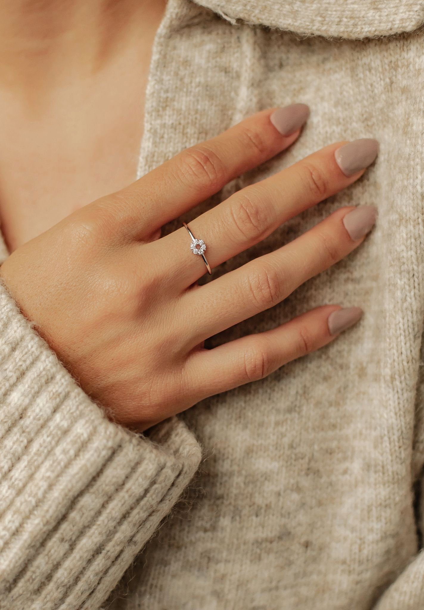 Hey Happiness Fingerring Silber 925 Damen Kreis Zirkon, 18K Vergoldet, Silberring Damen Geo Edelstein, Verlobungsring Kristall