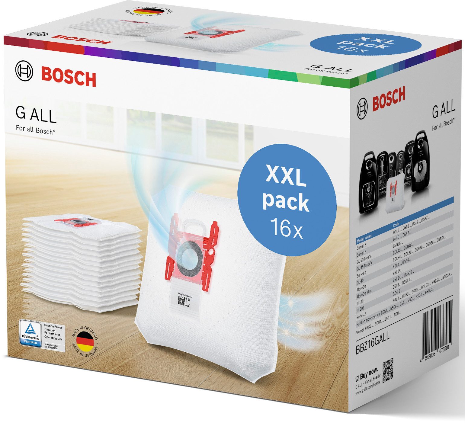 BOSCH Staubsaugerbeutel Typ G ALL, passend für Bosch, XXL Pack= 16 Staubbeutel