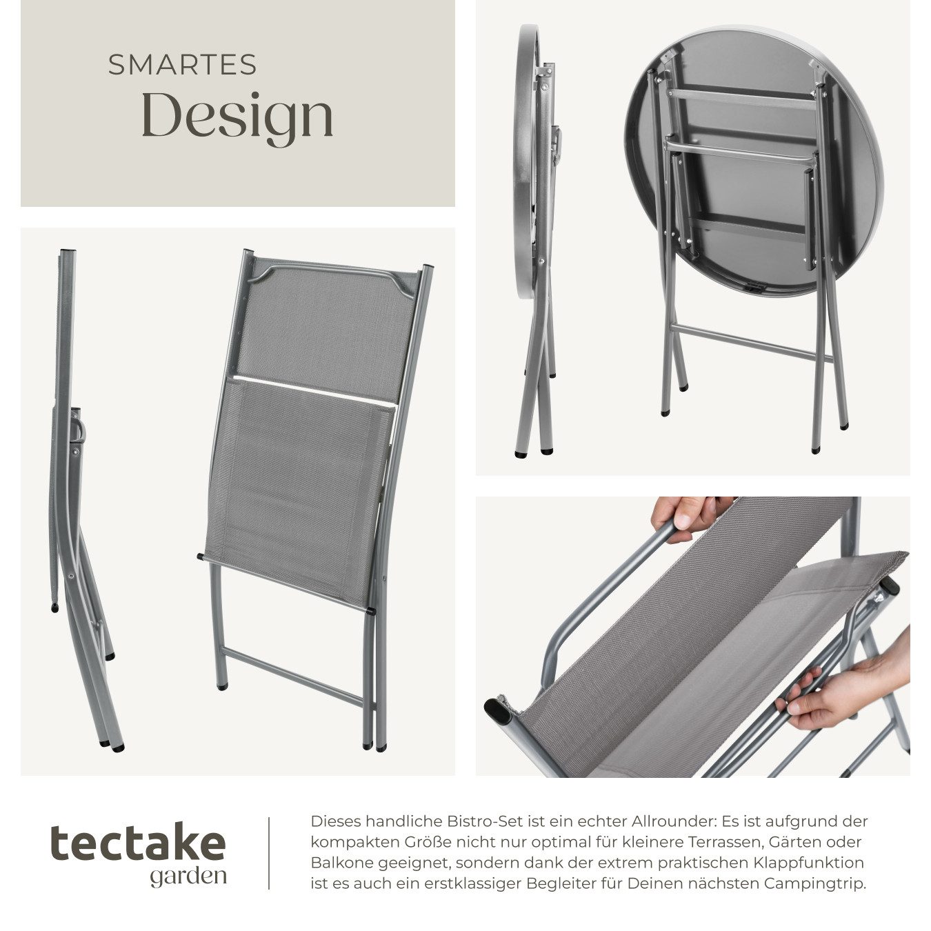 tectake Essgruppe Bistro-Set für 2 Personen, Tisch mit Sicherheitsglasplatte, (Gartenmöbel Düsseldorf, 3-tlg., in grau), klappbar, widerstandsfähig, UV-beständi – Bild 3 von 5