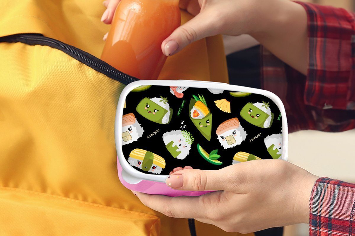 rosa Lunchbox Kawaii - Sushi Kunststoff Brotbox Brotdose - MuchoWow Mädchen, Snackbox, für Kunststoff, Schablonen, Kinder, (2-tlg), Erwachsene,