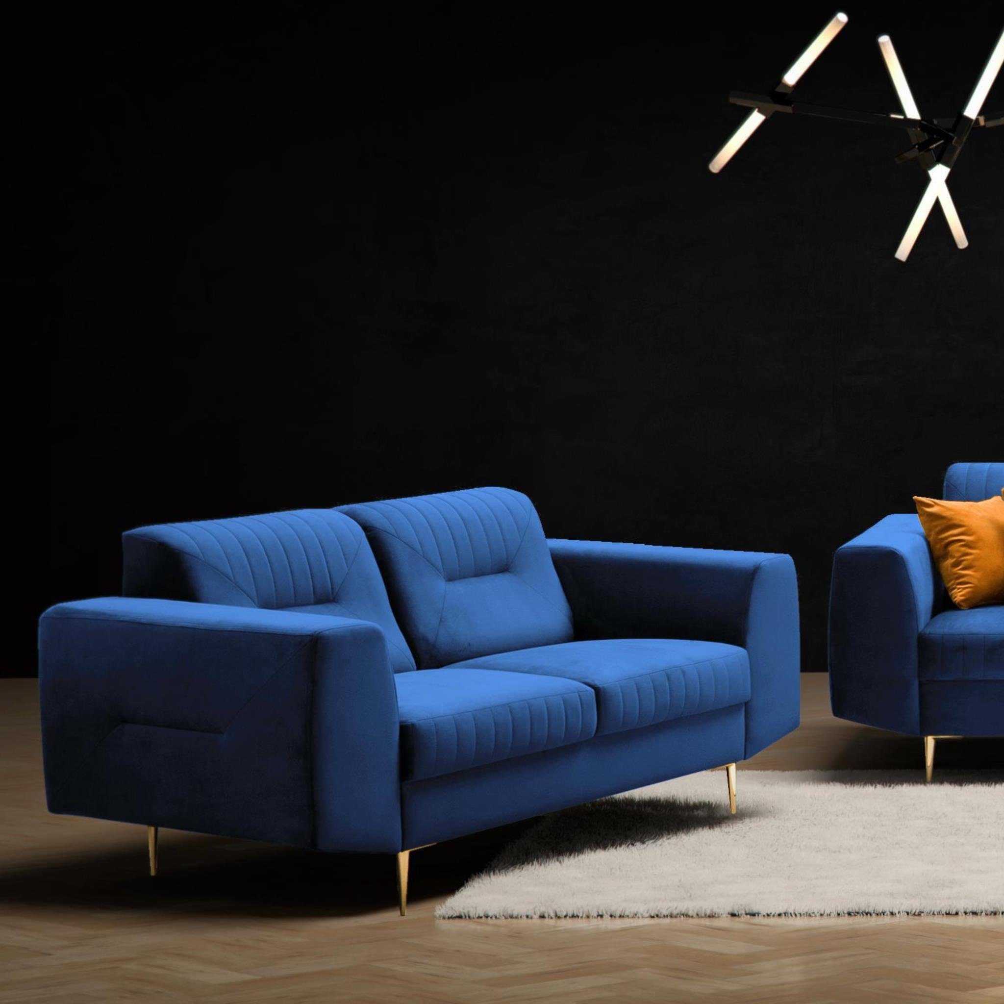 Beautysofa 2-Sitzer VENEZIA, Relaxsofa im modernes Design, mit Metallbeine, Zweisitzer Sofa aus Velours Marineblau (solo 263)