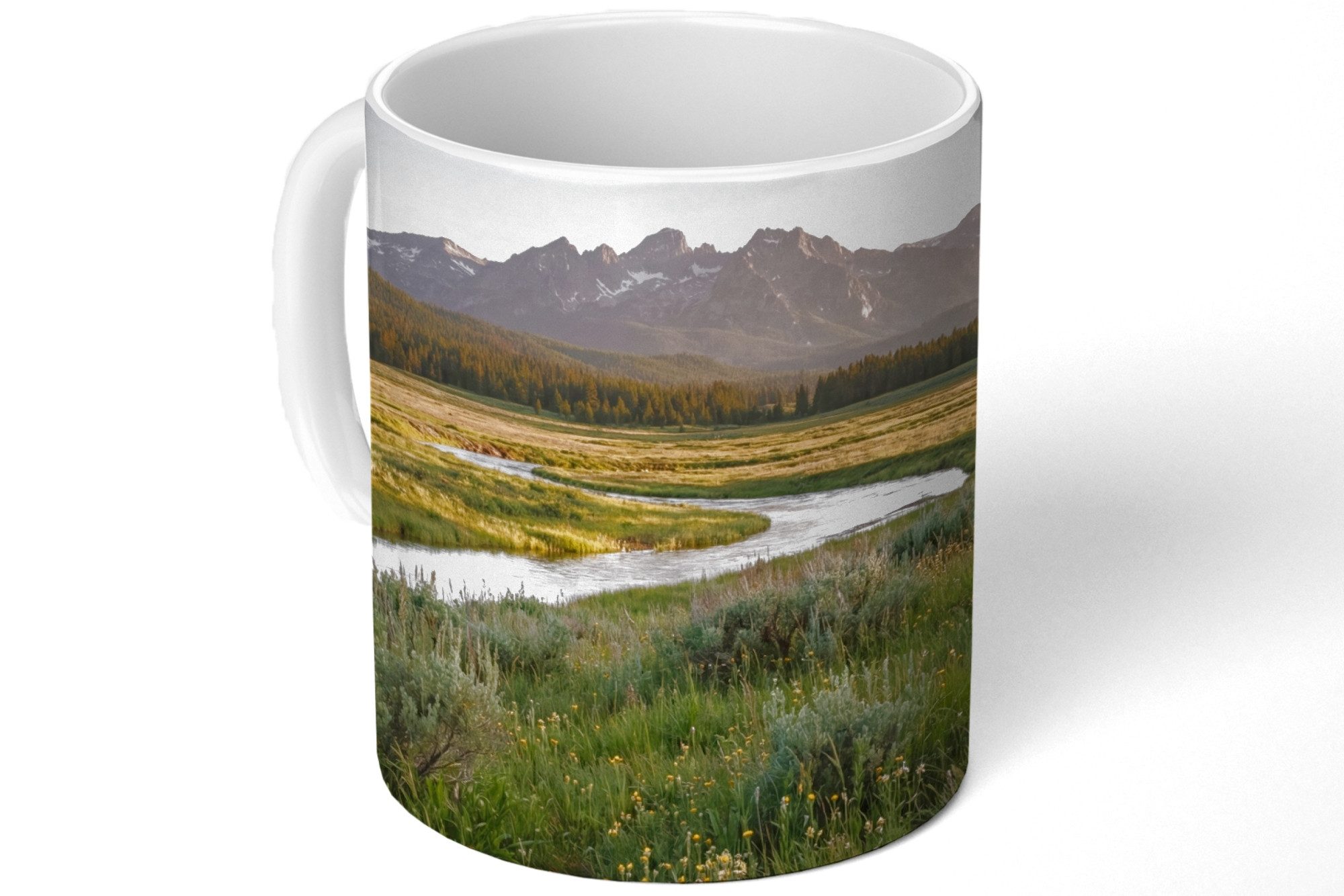 MuchoWow Tasse Berglandschaften - Fluss - Wald, 1-tlg., Keramik, Kaffeetassen, Teetasse, Becher, Kaffeebecher, Geschenk