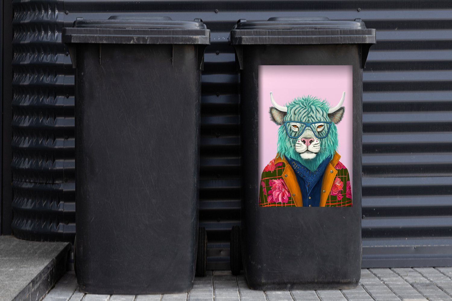 Hörner - Container, - Kuh Mülltonne, Tier (1 Büffel Blumen Wandsticker - St), - MuchoWow Abfalbehälter Sticker, Mülleimer-aufkleber,