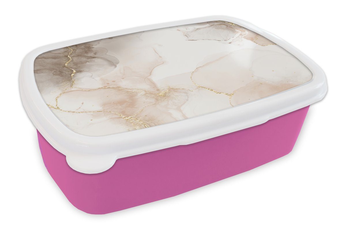 MuchoWow Lunchbox Marmor - Braun - Golden, Kunststoff, (2-tlg), Brotbox für Erwachsene, Brotdose Kinder, Snackbox, Mädchen, Kunststoff rosa