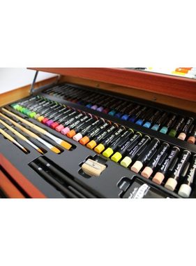 Mont Marte Kreativset Künstlerkoffer mit 174 hochwertigen Utensilien für Malerei & Zeichnen, (Kunstkoffer, 174-tlg., Set mit Pinseln, Farben, Stiften, Filzstiften, Pastellkreiden), Praktischer Holzkoffer, inklusive Fächer, ideal für unterwegs