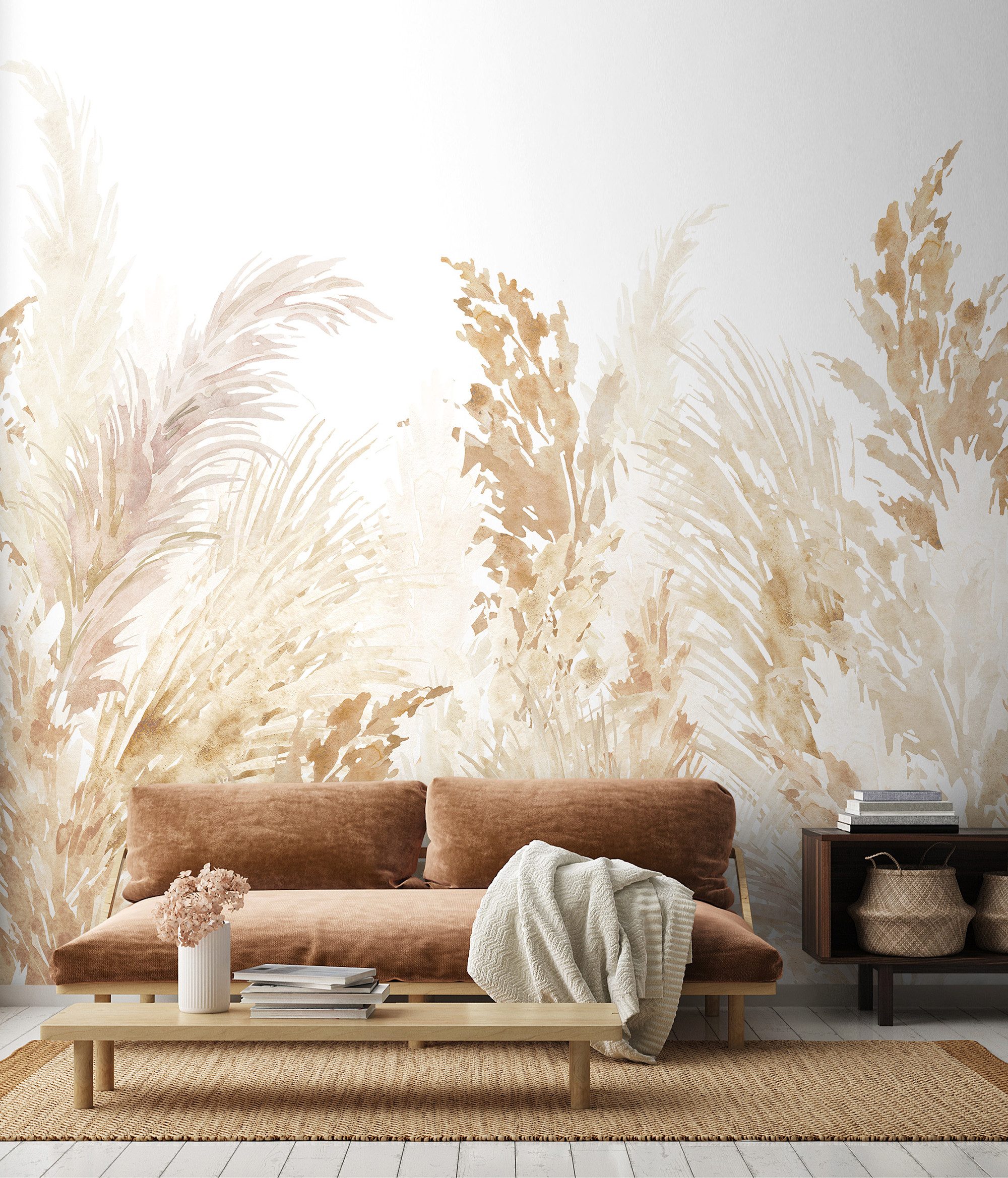 Rasch Fototapete Aquarell Pampasgras in Beige - Roomblush Pampas RB470 - 2,80m x 2,50m, glatt, Aquarell, Warm, (1 Rolle, 1 St), Aquarell mit dezentem Pampasgras