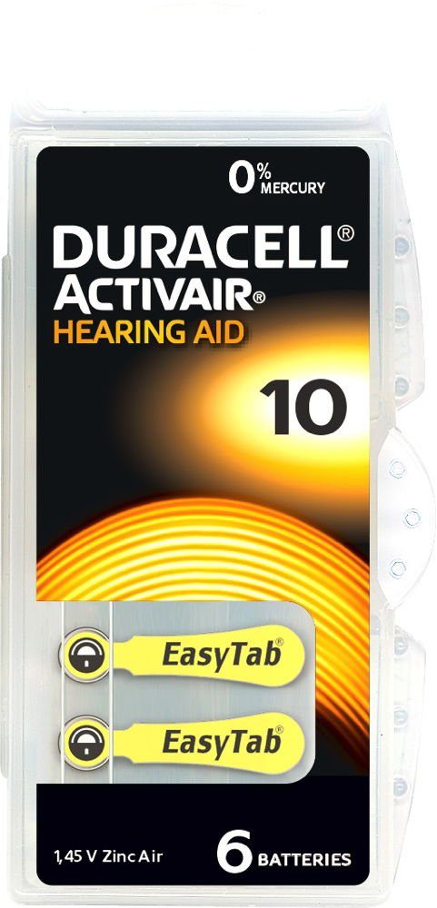 Duracell 6 Activair Typ / DA 10 Zink-Luft Hörgerätebatterien im 6er Blister Knopfzelle